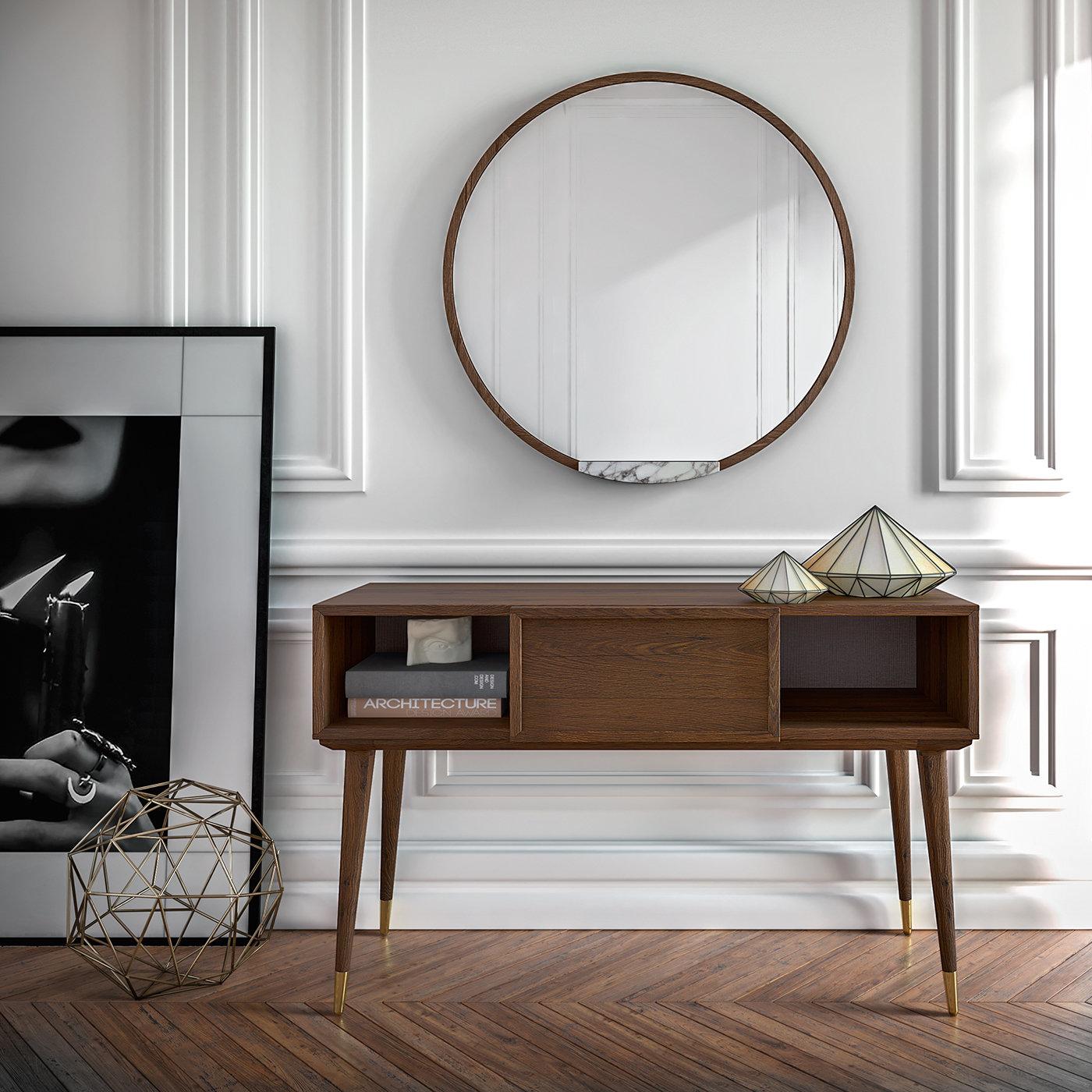 This superb retro-chic console strikes a perfect balance between functionality and elegance. The wooden structure has an antique durmast veneer while the solid durmast legs are tapered and marked with gold-finished brass tips (also available in a
