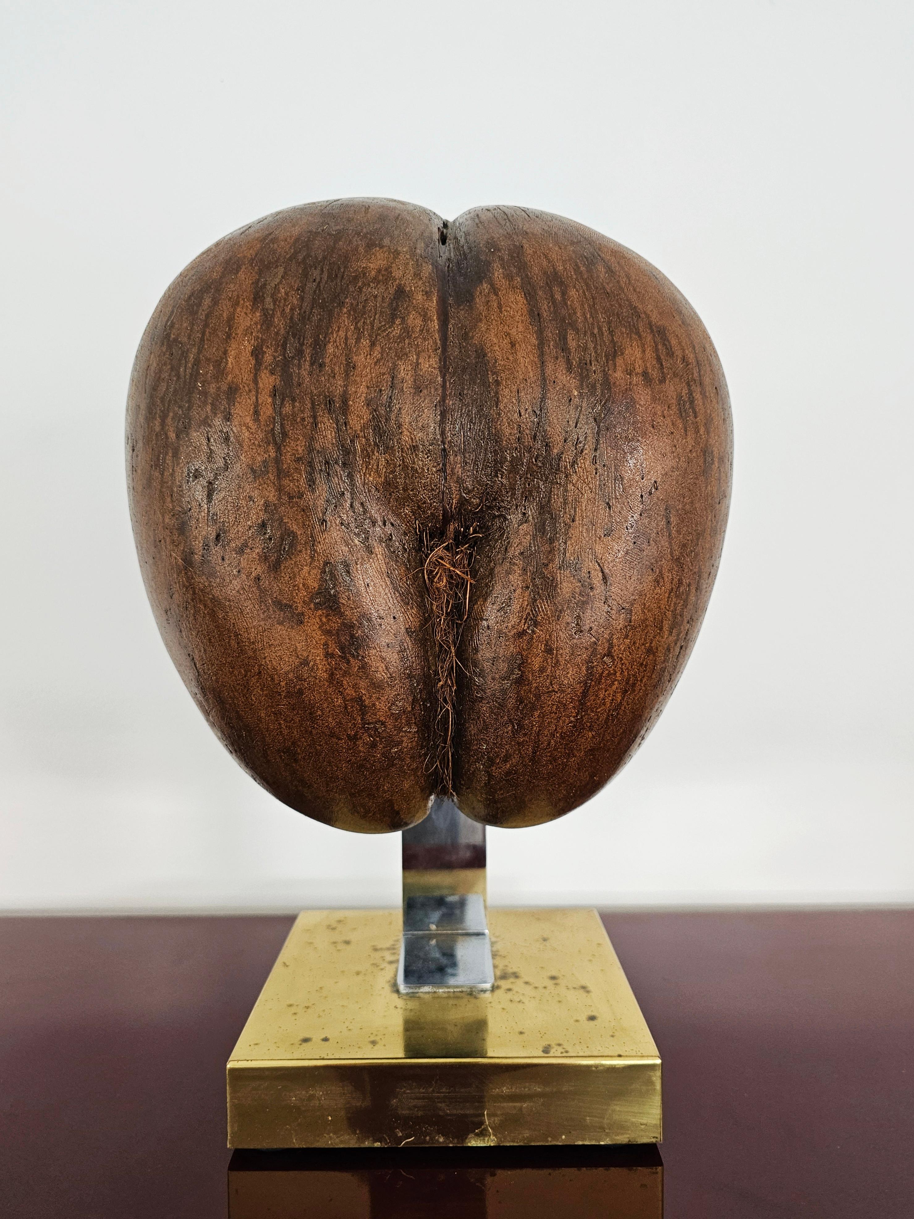 Coco De Mer or Double Coconut Sculpture on Brass Stand, France 1970s For Sale 4