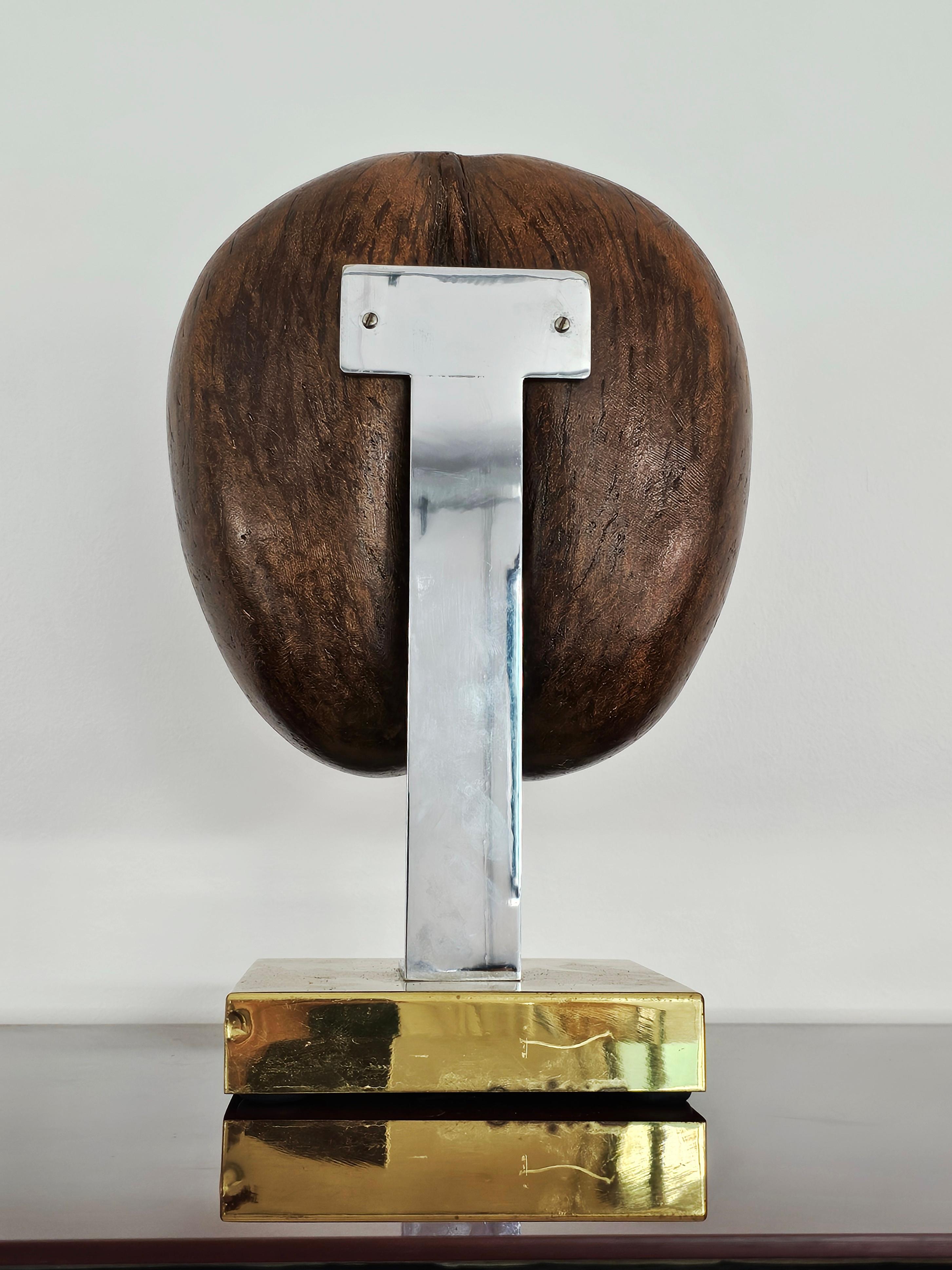 Late 20th Century Coco De Mer or Double Coconut Sculpture on Brass Stand, France 1970s For Sale