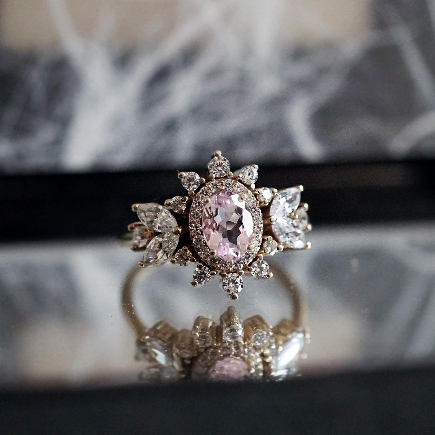 ** Tippy Taste Heirloom Collection are made to order. Please allow 3-4 week turnaround time. Make a note of your ring size during checkout. 

Our Coco Morganite Diamond ring features a 6x4mm natural pink morganite, surrounded by four beautiful