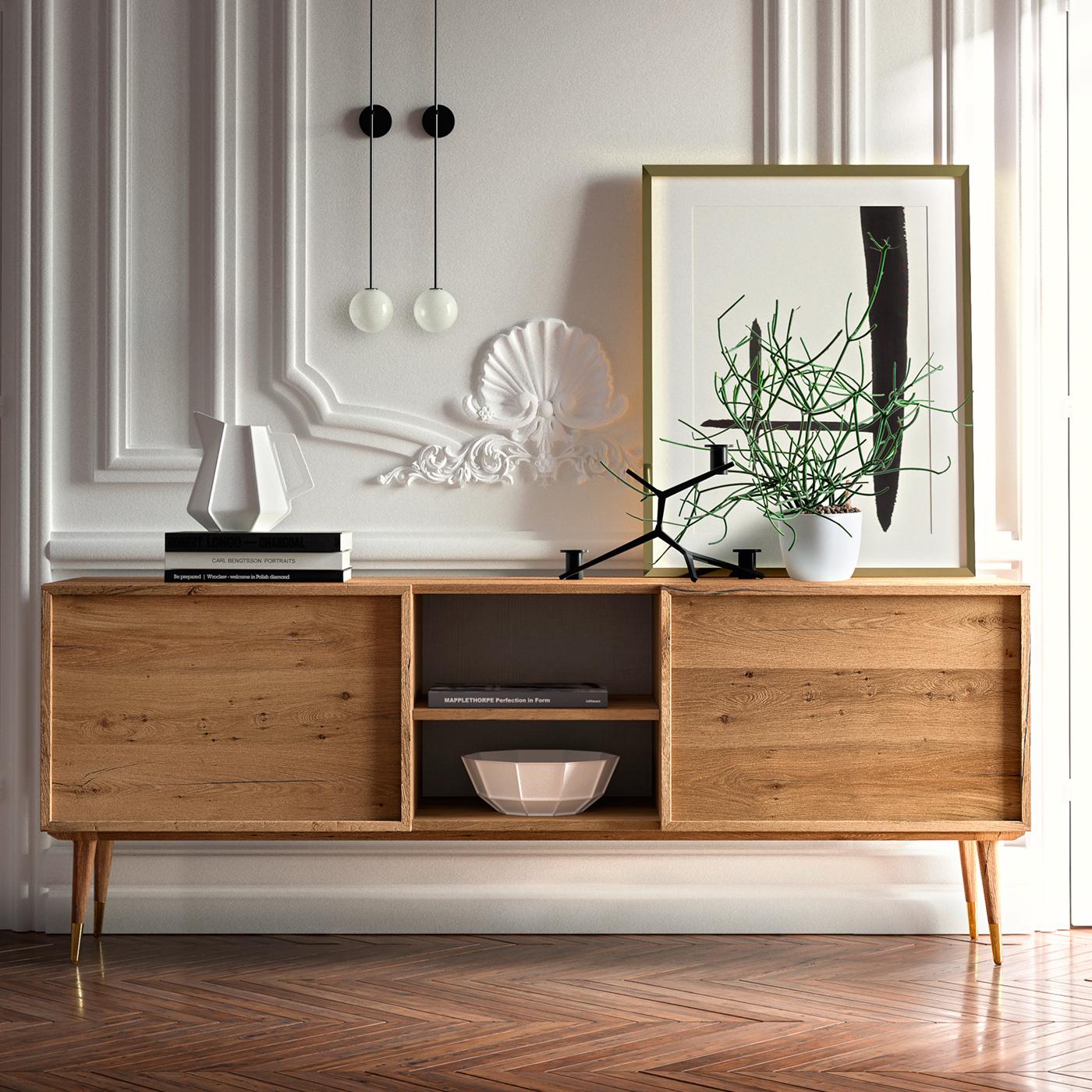 Linear and sophisticated, this sideboard is a versatile object of functional decor that boasts a mid-century modern flair with its slanted, tapered legs in solid durmast and tips in gold-finished brass. The wooden structure with an antique durmast