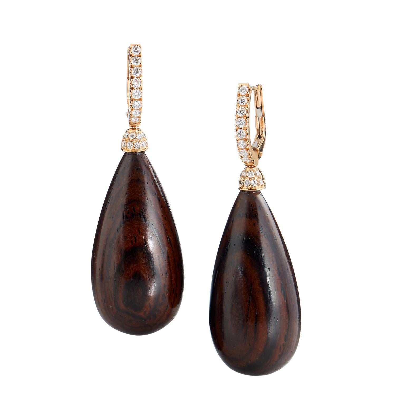 Round Cut Handcrafted Cocobolo Wood and Diamond Earrings in 18 Karat Rose Gold