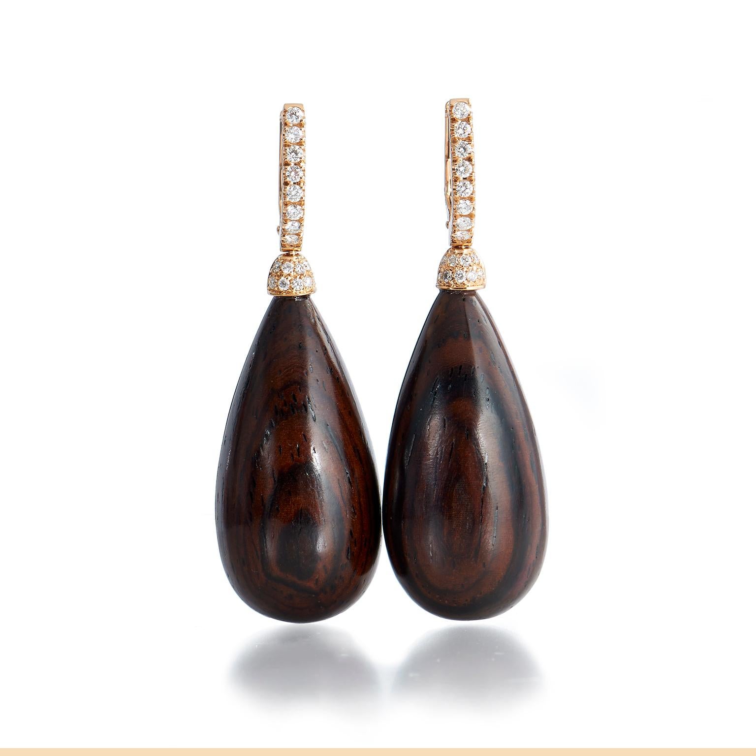 Handcrafted Cocobolo Wood and Diamond Earrings in 18 Karat Rose Gold In New Condition In Miami, FL