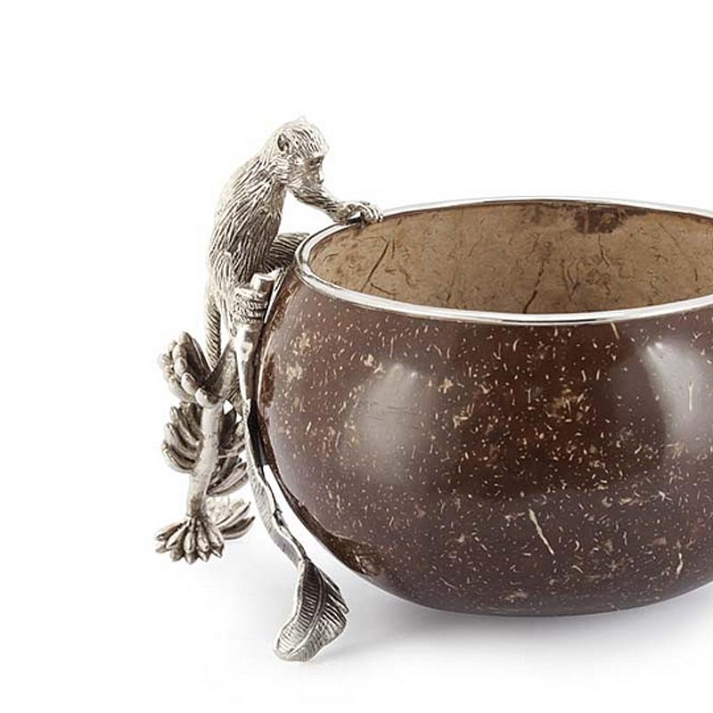 Bowl coconut and monkey with sculpture of a
monkey on branch all made in silvered brass.