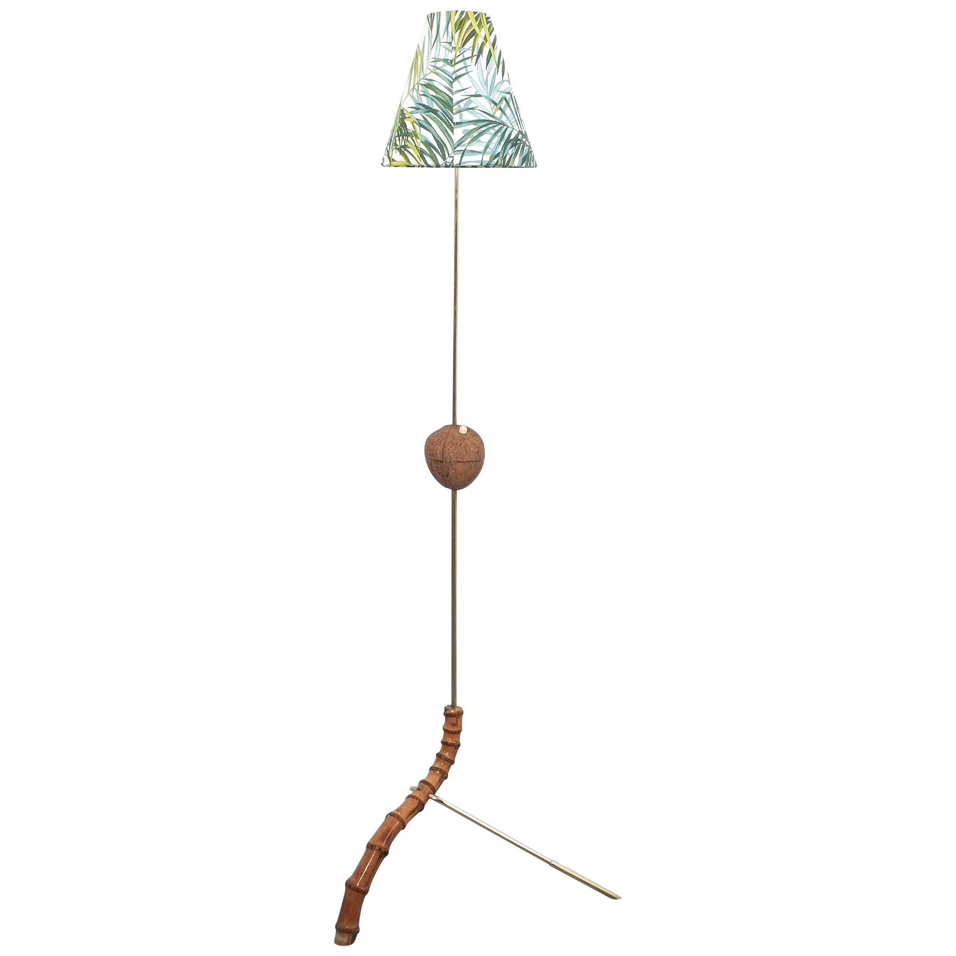 Bamboo Floor Lamp Coconut Brass Attributed Kalmar, Austria, 1950 For Sale
