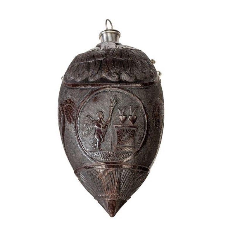 French Coconut Shell “Bugbear” Powder Flask with Silver Mounts