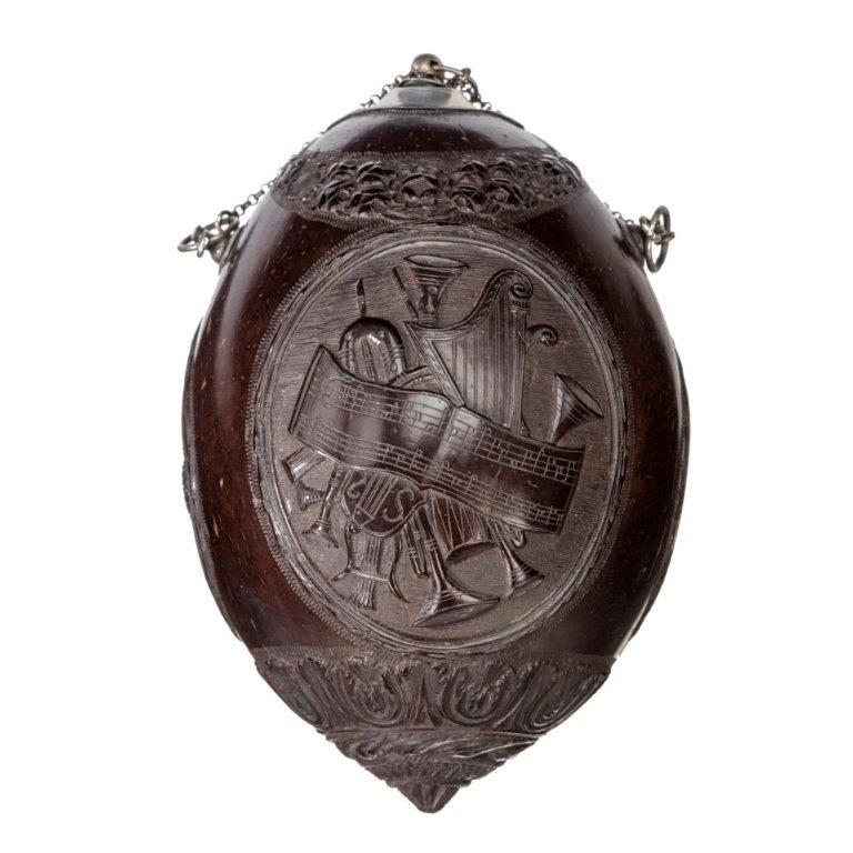 Early 19th Century Coconut Shell “Bugbear” Powder Flask with Silver Mounts