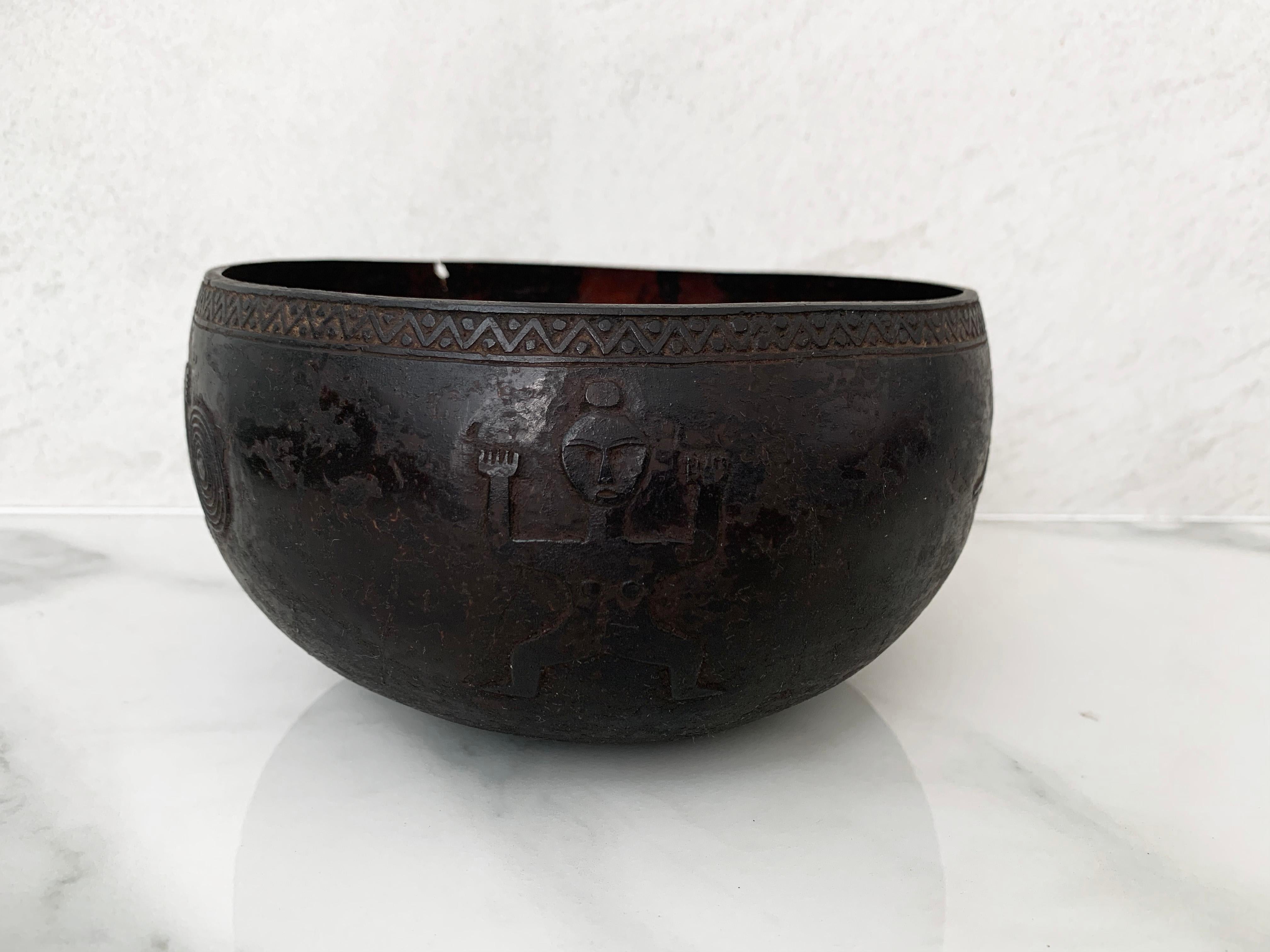 Indonesian Coconut Shell Engraved Tribal Bowl from Nias, Mentawai Islands, Indonesia