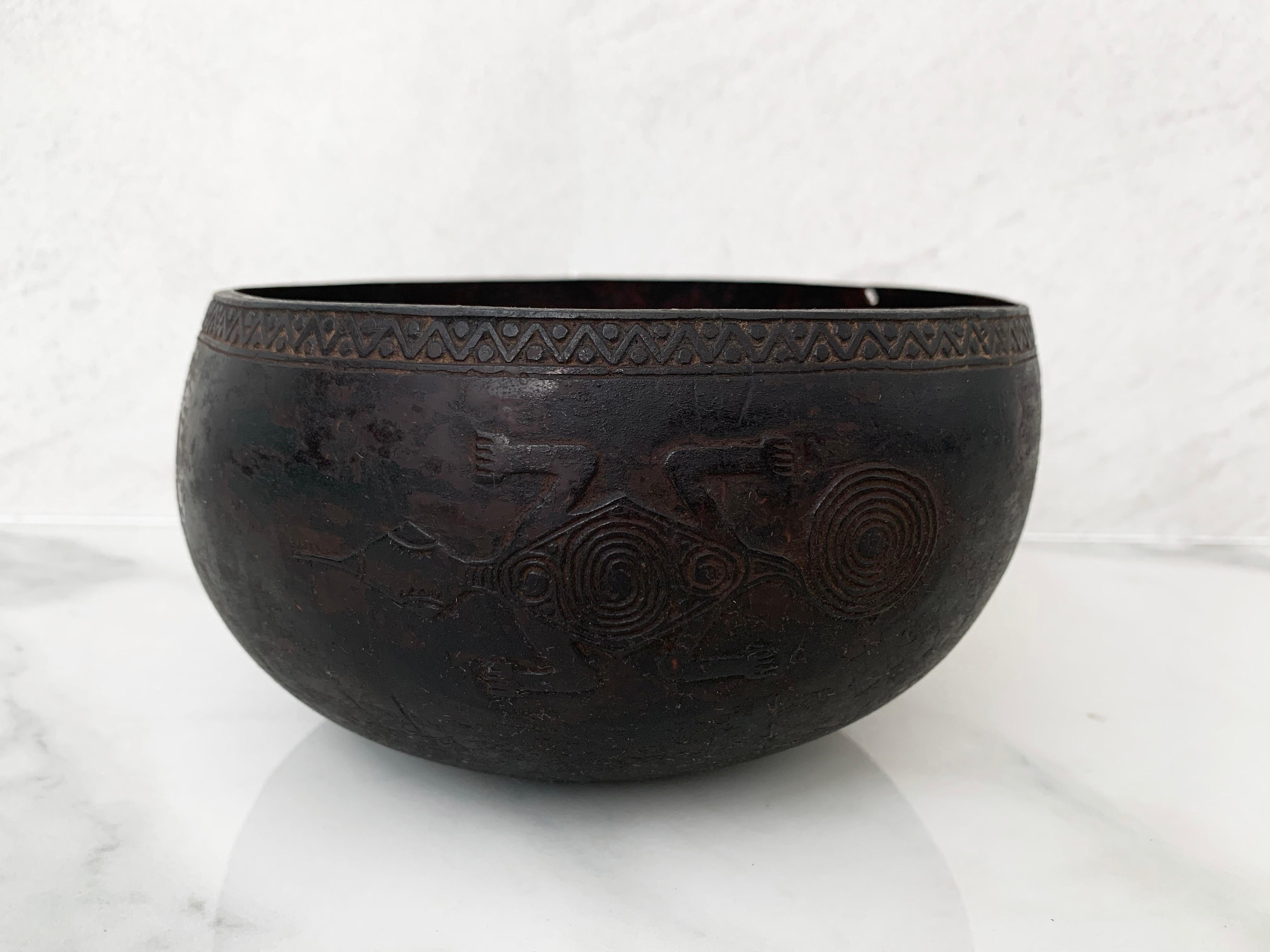 Hand-Crafted Coconut Shell Engraved Tribal Bowl from Nias, Mentawai Islands, Indonesia