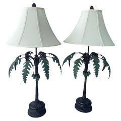Antique Coconut Tree Bronze and Painted Tall Table Lamps