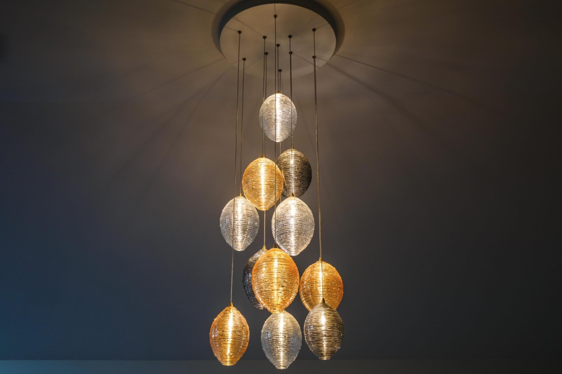 Powder-Coated Cocoon 22, Blown Glass Pendant Dining Room Chandelier by Shakuff