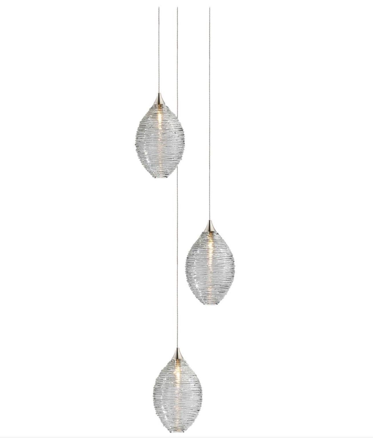 Hand-blown glass pendants fixtures. 3 glass pendants on 8