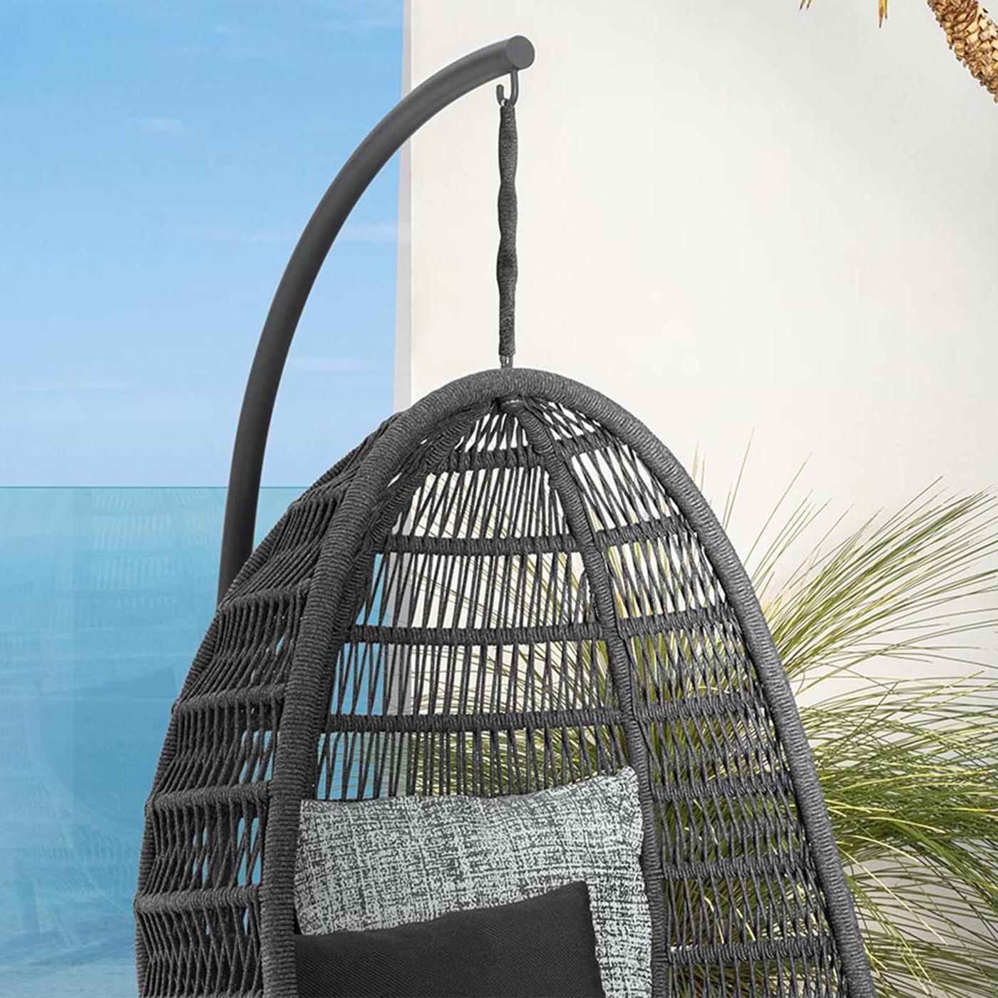 Chair Cocoon lounge hanging with hanging stucture
in aluminium in dark grey finish and with hanging chair
structure covered with woven ropes, with cushions in 
grey outdoor fabric with quick foam.
 
