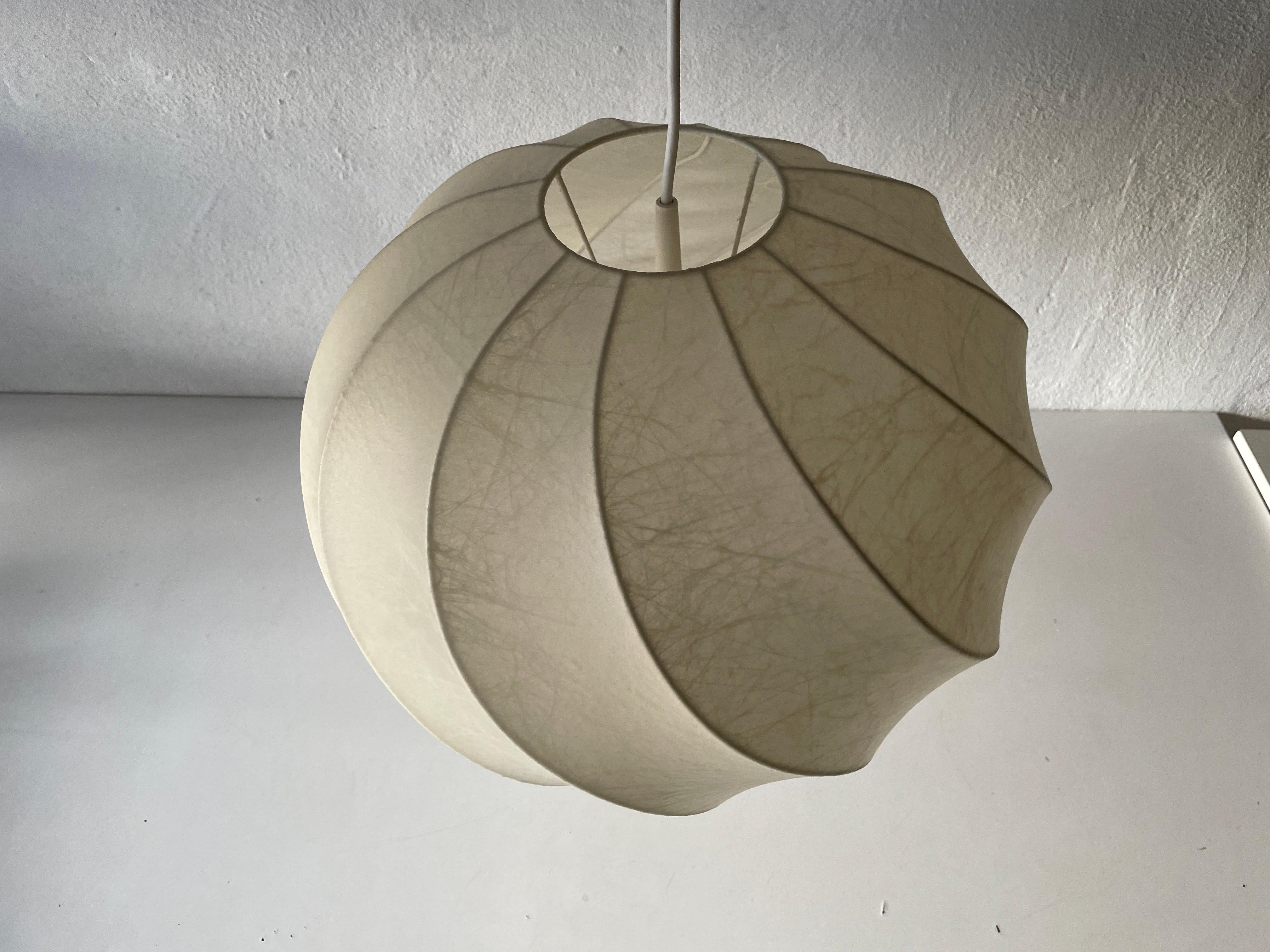 Cocoon pendant lamp by Goldkant, 1960s, Germany

Achille Castiglioni Era
1960s Germany.

Lampshade is in very good vintage condition.

This lamp works with E27 light bulbs. 
Wired and suitable to use with 220V and 110V for all