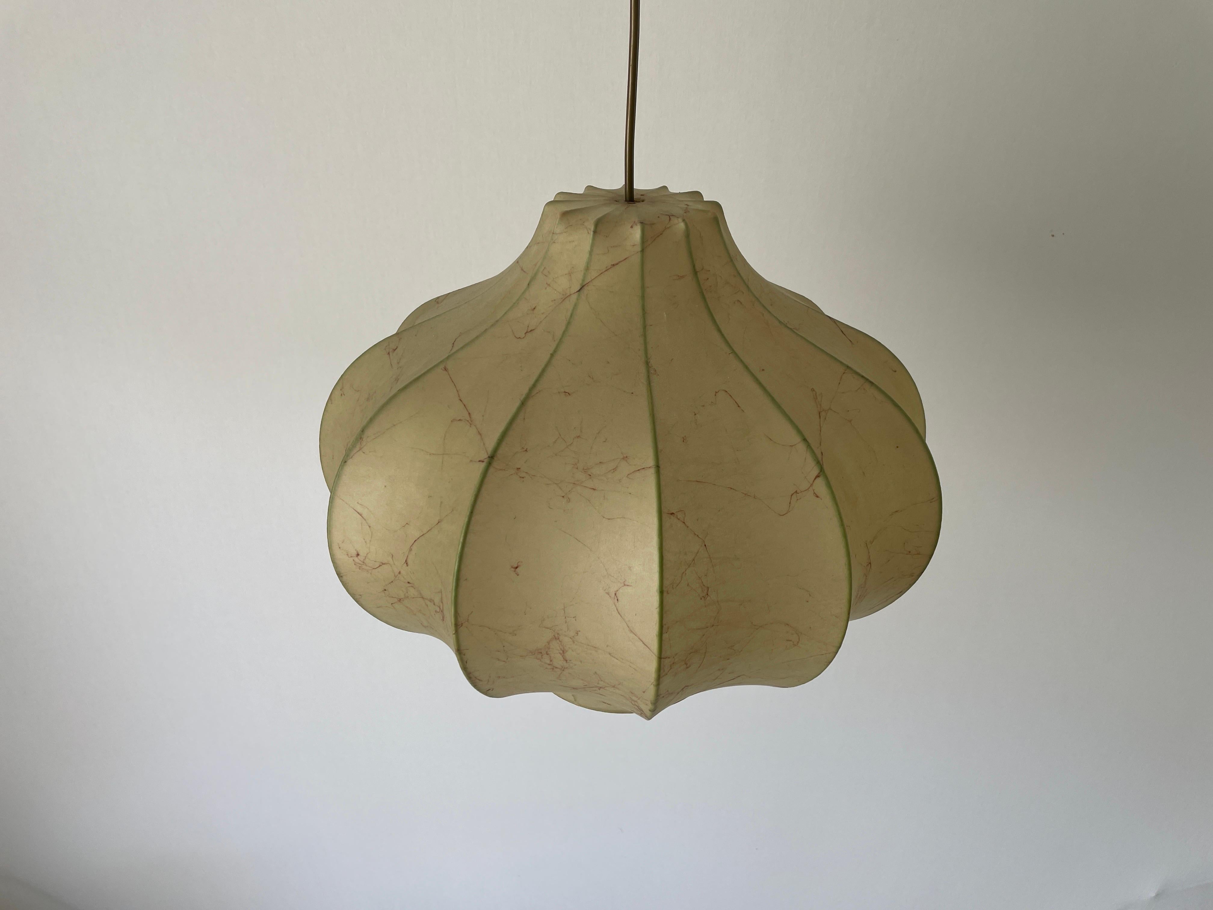 Cocoon Pendant Lamp by Goldkant, 1960s, Germany

Lampshade is in great vintage condition.

This lamp works with E27 light bulbs. 
Wired and suitable to use with 220V and 110V for all countries.

Measurements:
Height: 73 cm
Shade diameter and height: