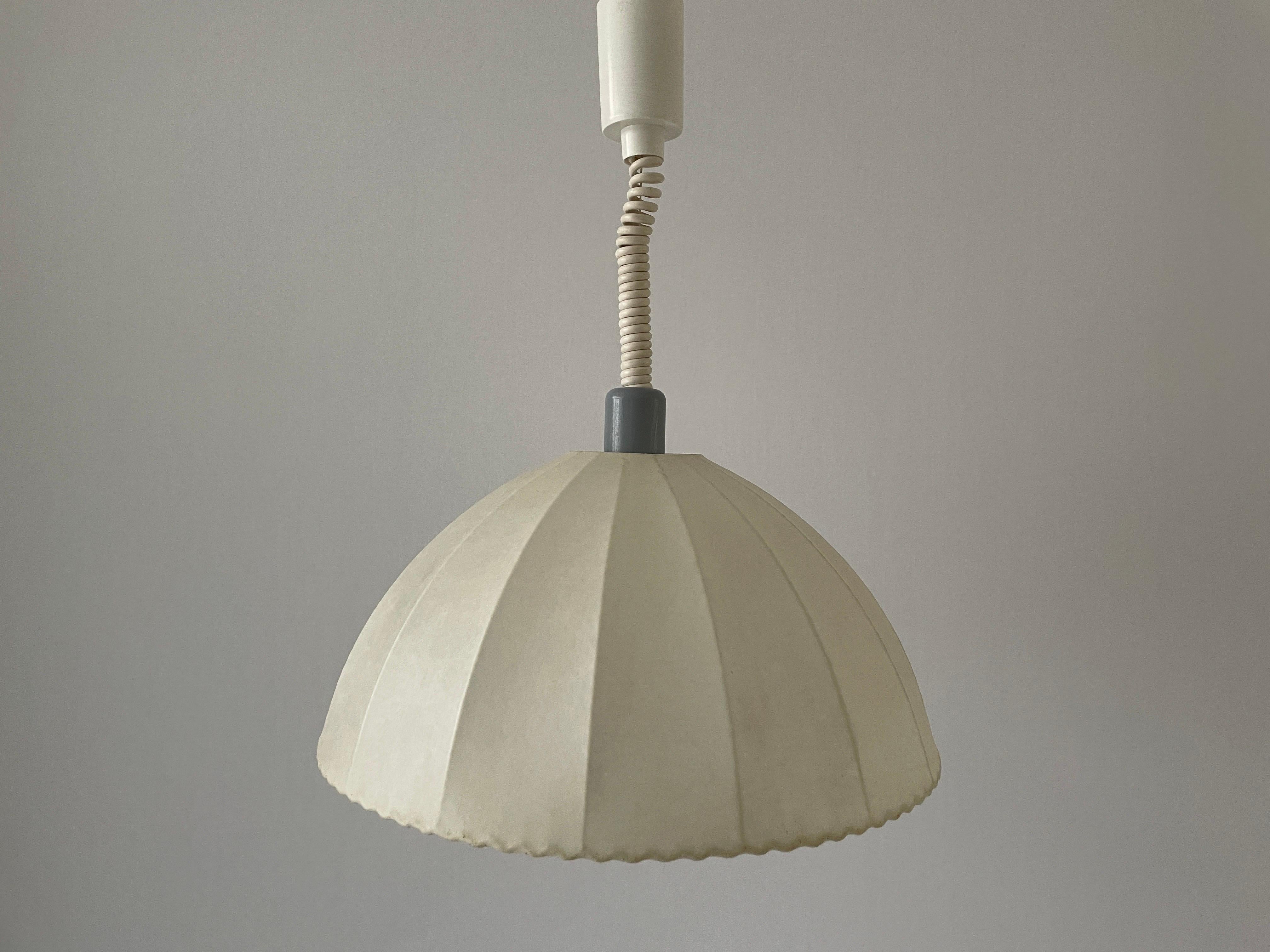 Cocoon Pendant Lamp by Goldkant with Grey Metal top, 1960s, Germany

Lampshade is in very good vintage condition.

This lamp works with E27 light bulbs. 
Wired and suitable to use with 220V and 110V for all countries.

Measurements:
Shade diameter