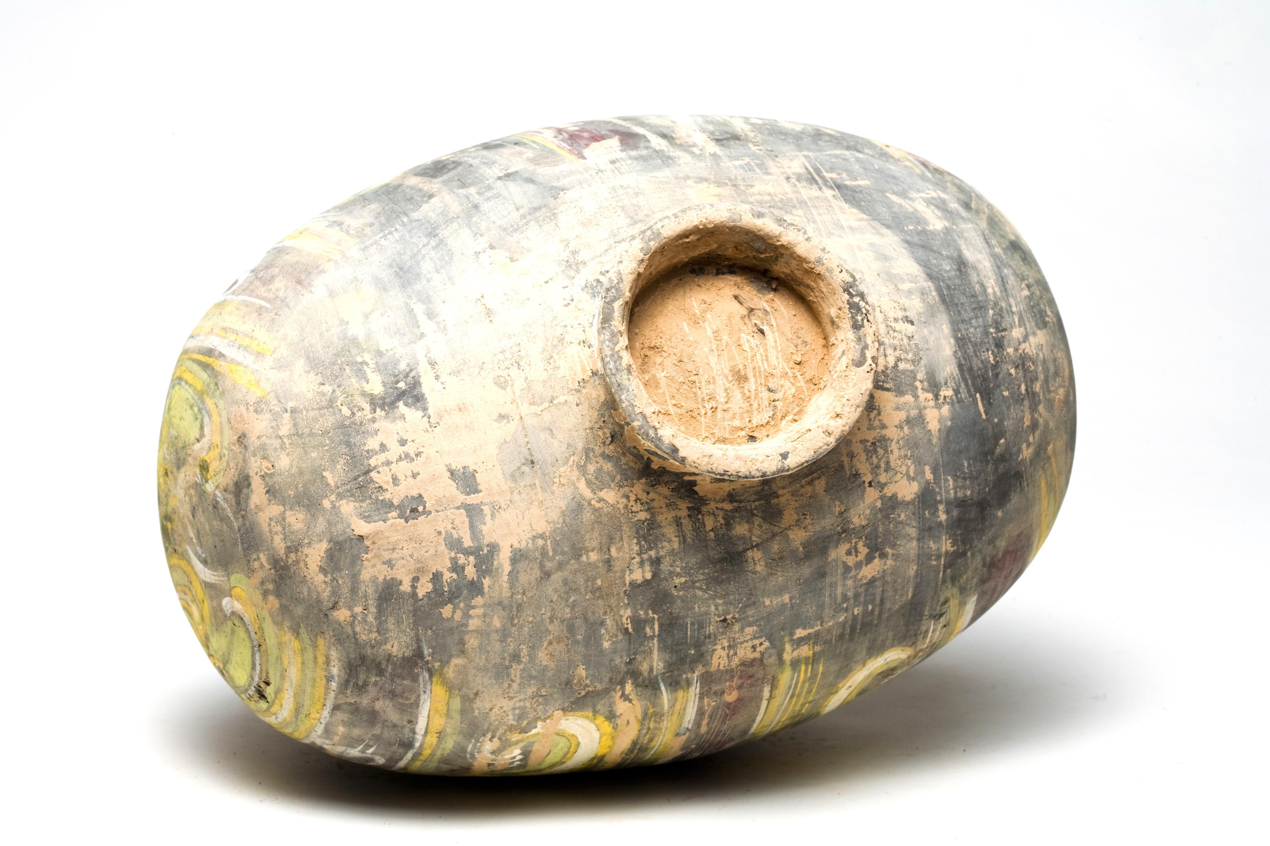 Chinese Cocoon-shaped earthenware jar with cloud-scroll design, West Han Dynasty For Sale