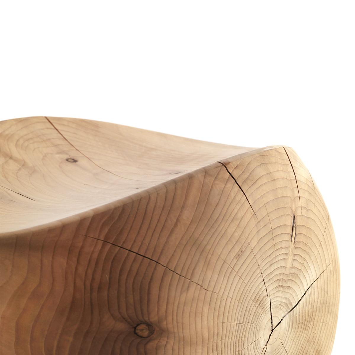 Hand-Carved Cocoona Shape 1 Stool in Solid Cedar For Sale