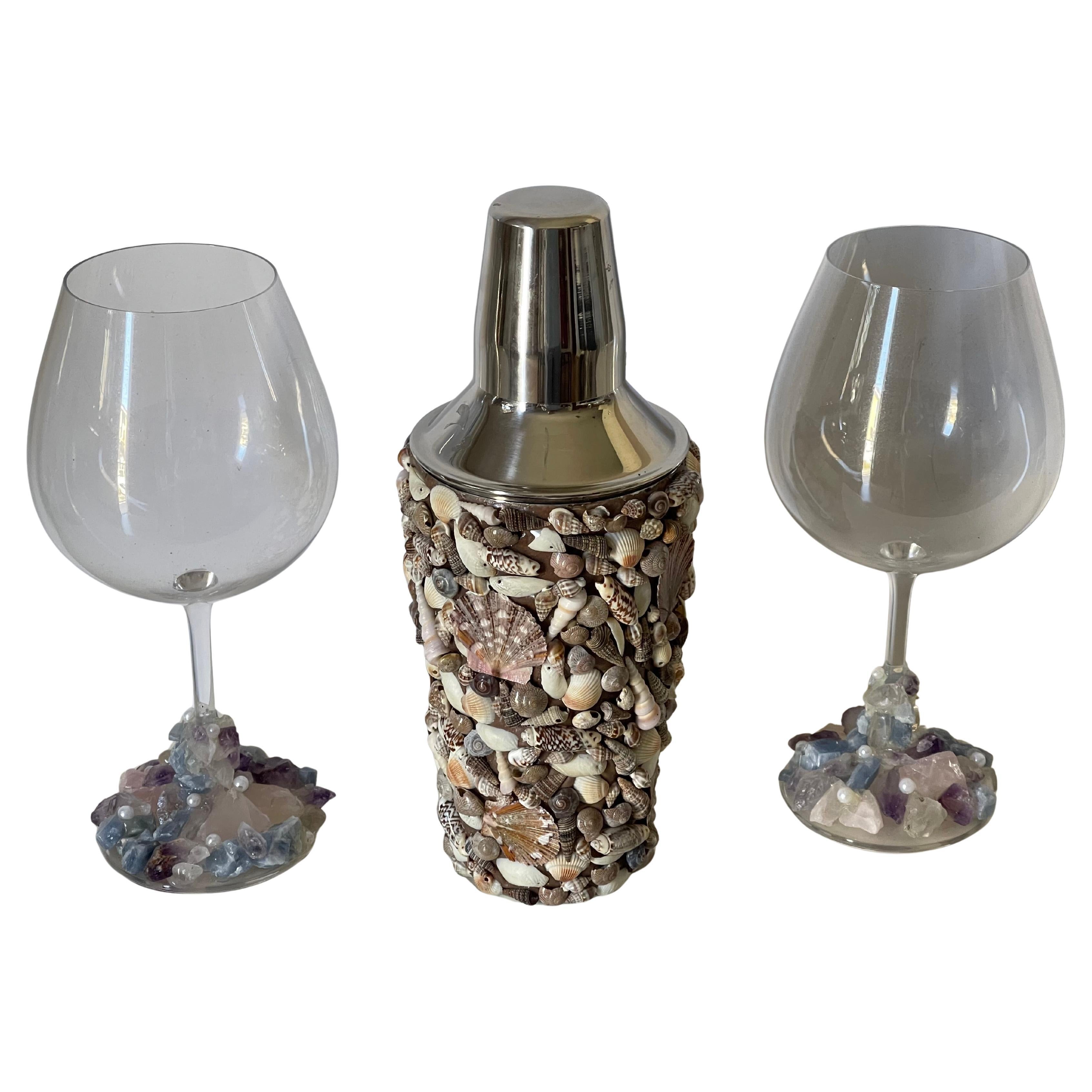 Coctail Shaker Encrusted with Sea Shells 2 Vine Gkasses Encrusted Mineral Stones For Sale
