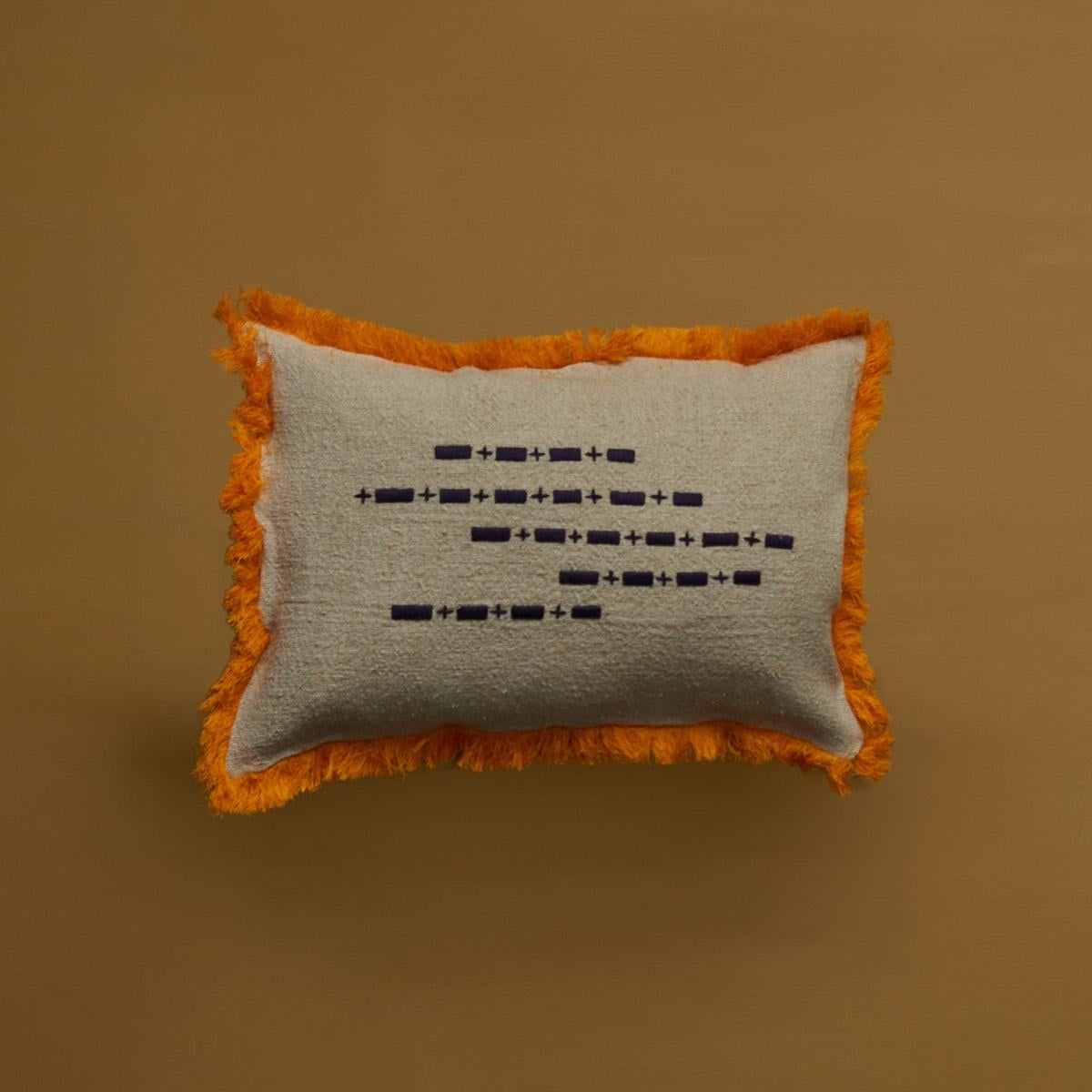 Add a splace of colour to your home! The natural beige linen cushion cover comes with aubergine colour embroidered details and a bright orange fringe border made by hand. Comes without filler, duck feather fillers can be ordered seperately. 
100%