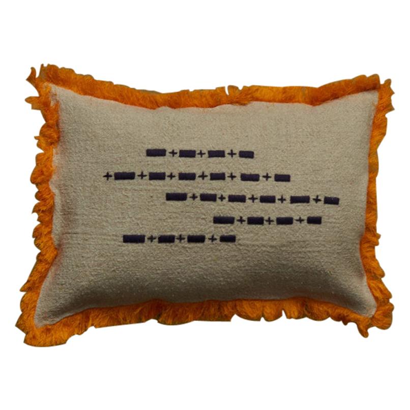 Cocteau, Linen Cushion with Striking Hand Embroidered Details and Orange Fringe For Sale