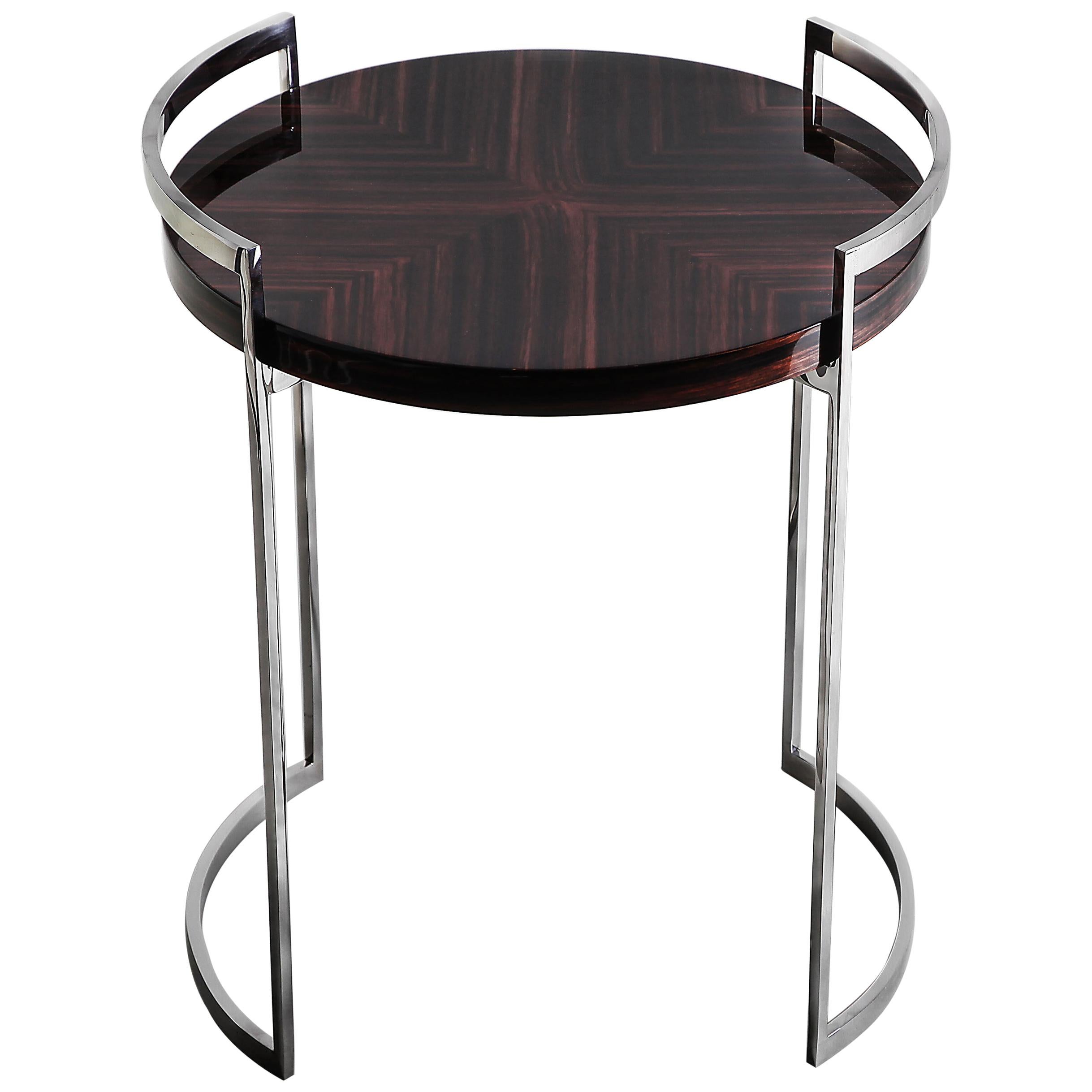 Cocteau, Side Table in High Gloss Macassar and Hand Polished Stainless Steel