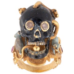 Vintage Codognato Enamel Diamond Ruby Gold Skull Memento Mori Ring