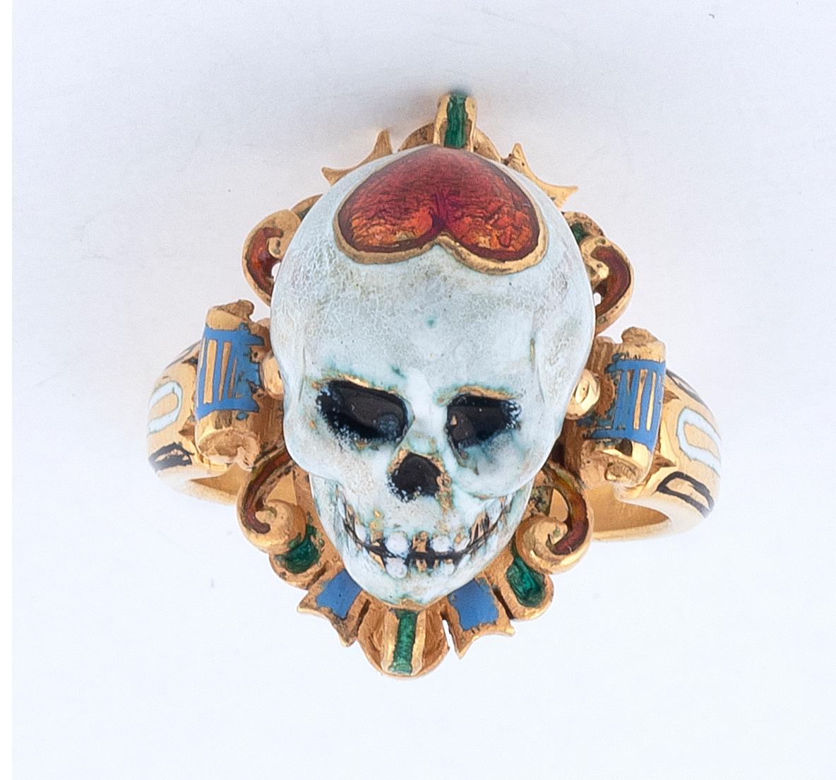 Contemporary Codognato Enamel Gold Skull Memento Mori Ring