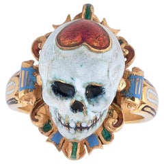 Vintage Codognato Enamel Gold Skull Memento Mori Ring