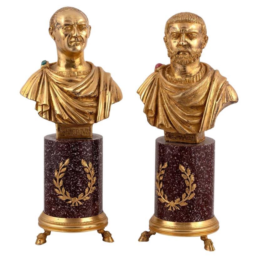 Codognato Large Pair Italian Silver-Gilt And Hardstone Busts Of Roman Emperors For Sale
