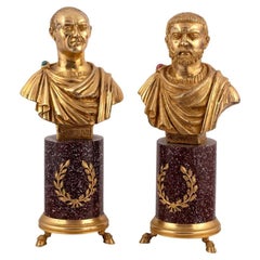 Codognato Großes Paar italienischer Silbervergoldung und Hartsteinbüsten römischer Kaiser