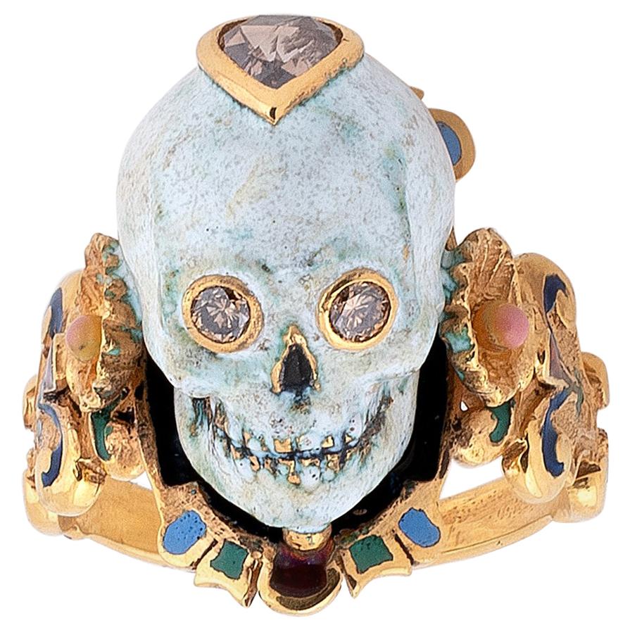 Codognato Renaissance Style Enamel Diamond Gold Skull Ring