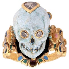 Vintage Codognato Renaissance Style Enamel Diamond Gold Skull Ring
