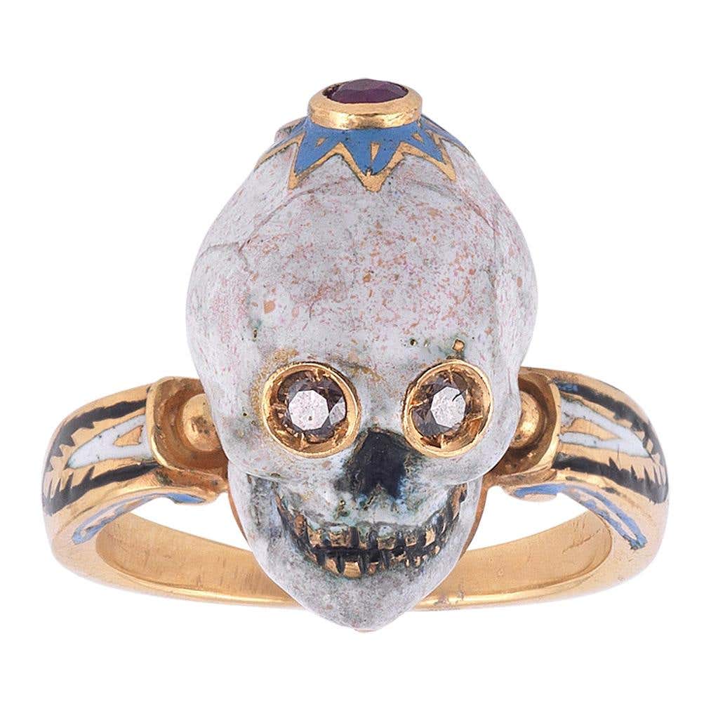 Codognato Rings Codognato Renaissance Style Enamel Diamond Ruby Gold Skull Ring at 1stDibs