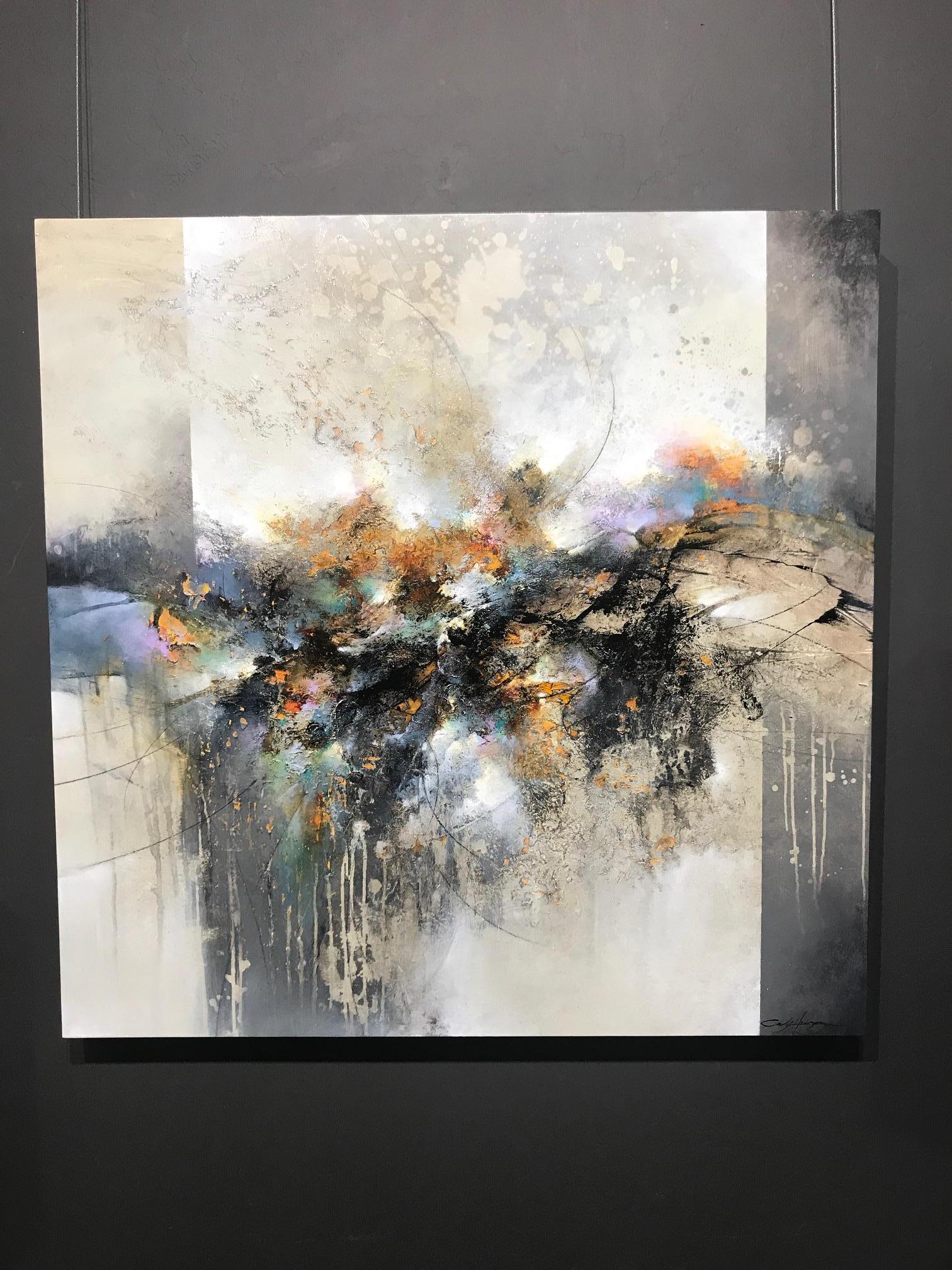Original Contemporary, Abstract painting on wood panel. This artwork has an overall charcoal color palette that is highly textured with highlights of vibrant color, and in certain areas... peeled away to reveal layers underneath. It even has small