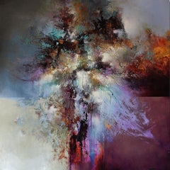 Cody Hooper. "Heavens Mystery". Abstract, purple painting on wood panel.