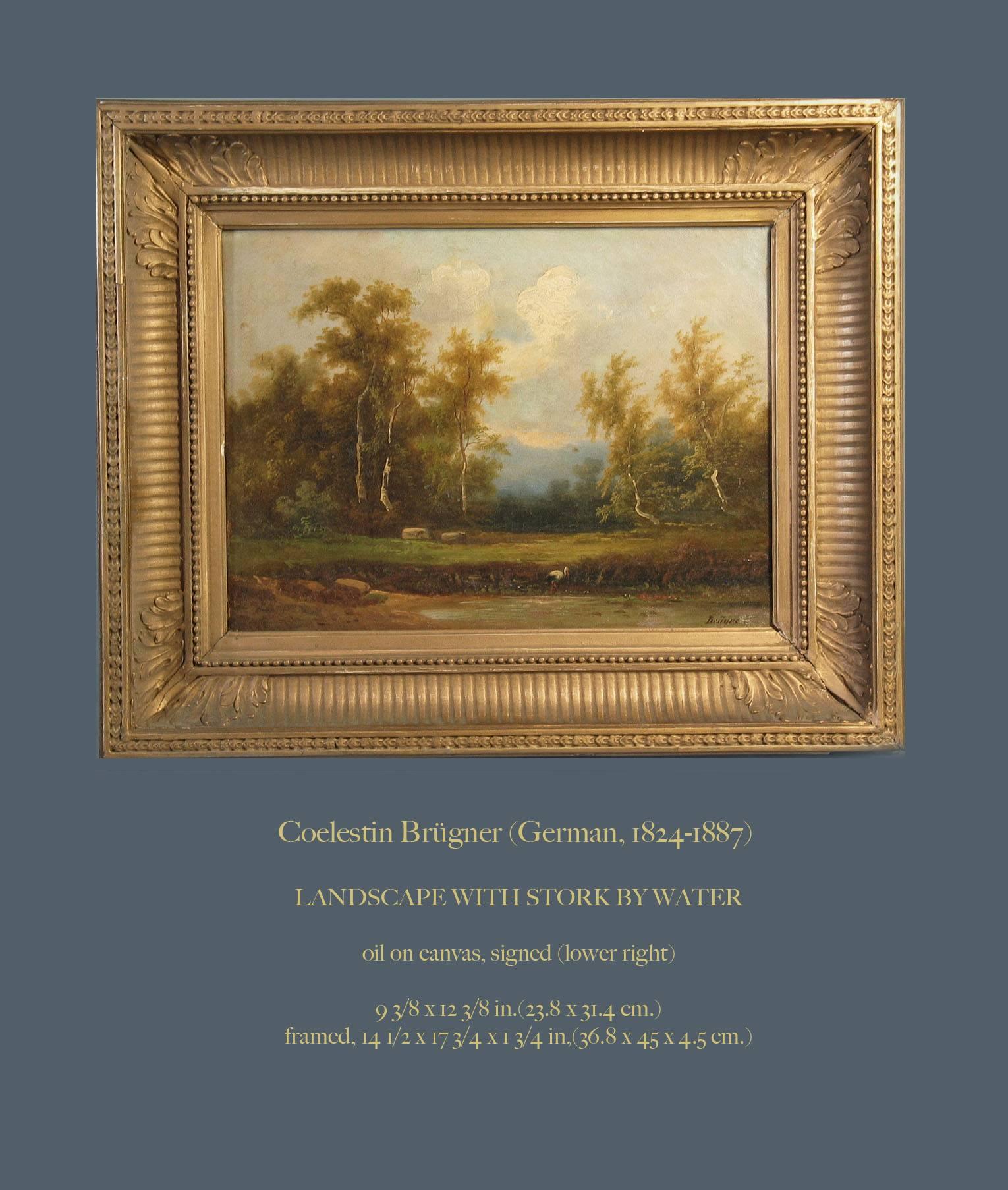 Coelestin Brugner (Allemand 1824-1887), un paysage avec une cigogne au bord de l'eau, huile sur toile, signé (en bas à droite), La peinture mesure 9 3/8