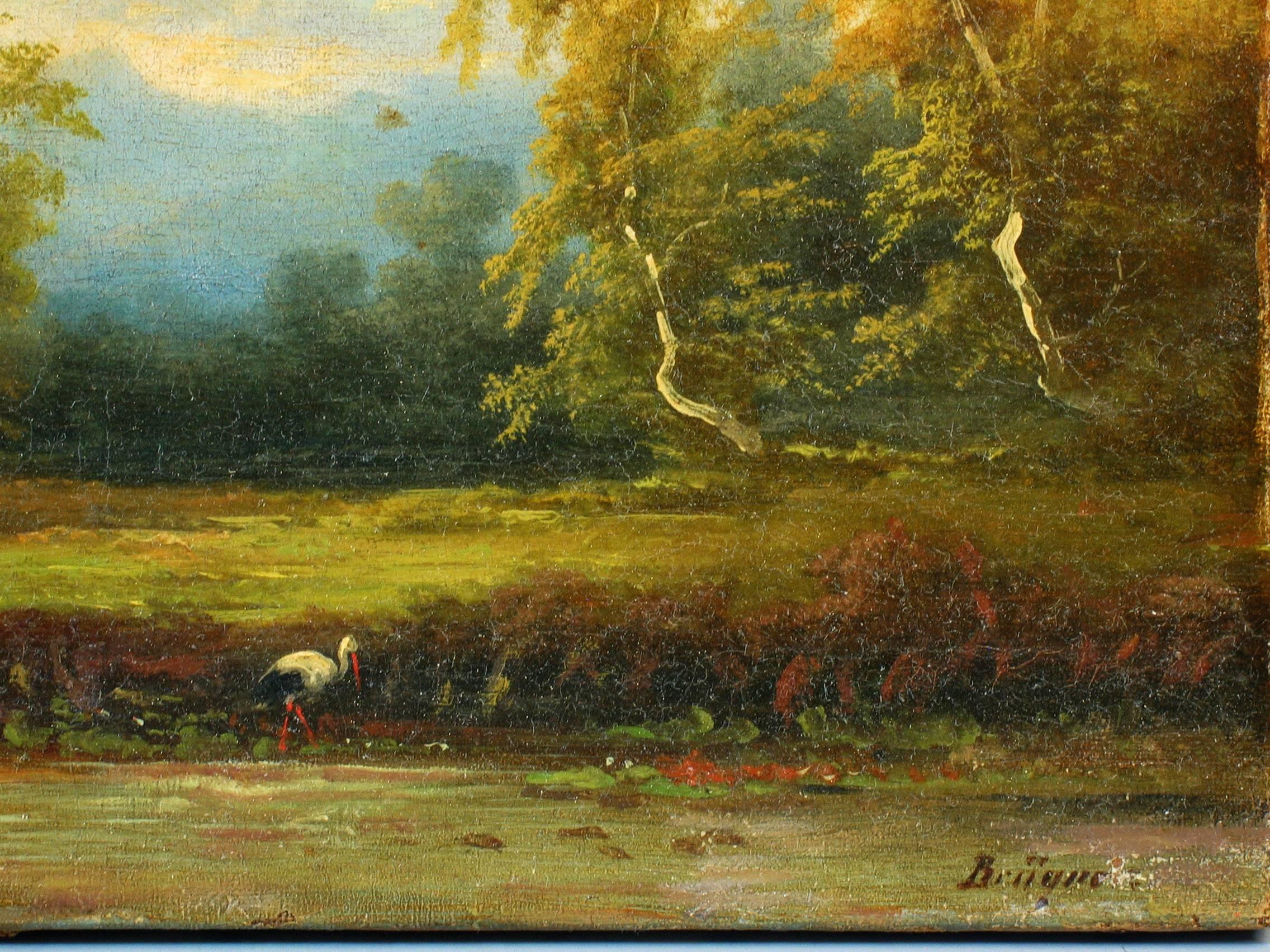 Peint à la main Paysage de Coelestin Brugner avec un cigogne par l'eau en vente