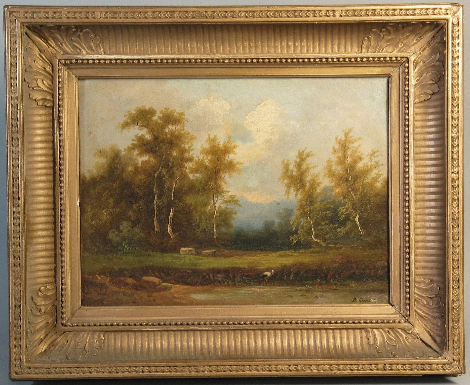 Coelestin Brugner Landscape with a Stork by the Water In Good Condition For Sale In Ottawa, Ontario