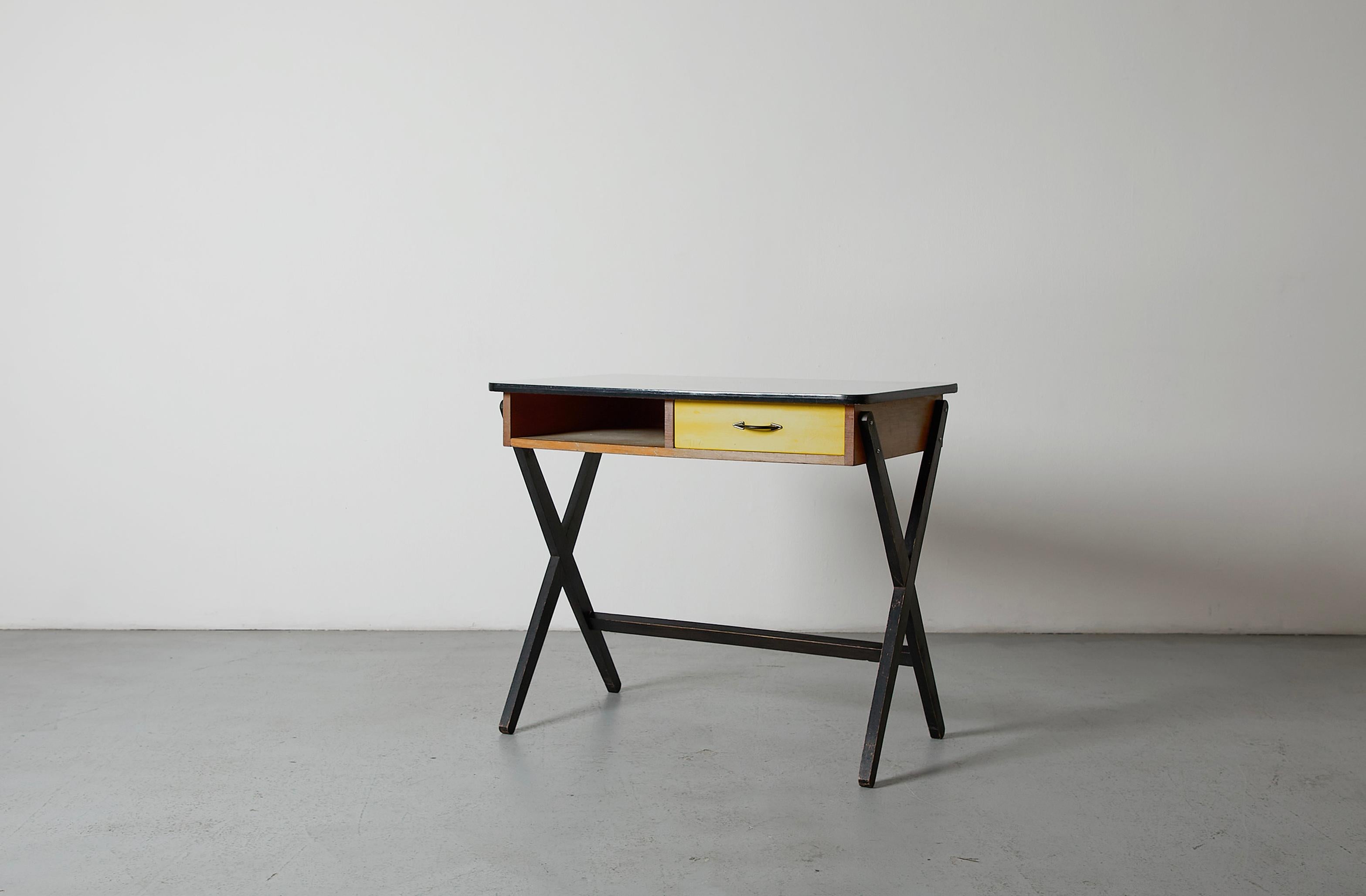 Coen de Vries 1957 Desk for Devo w/ Yellow Drawer, Dutch Mid-Century Modern In Good Condition For Sale In Los Angeles, CA