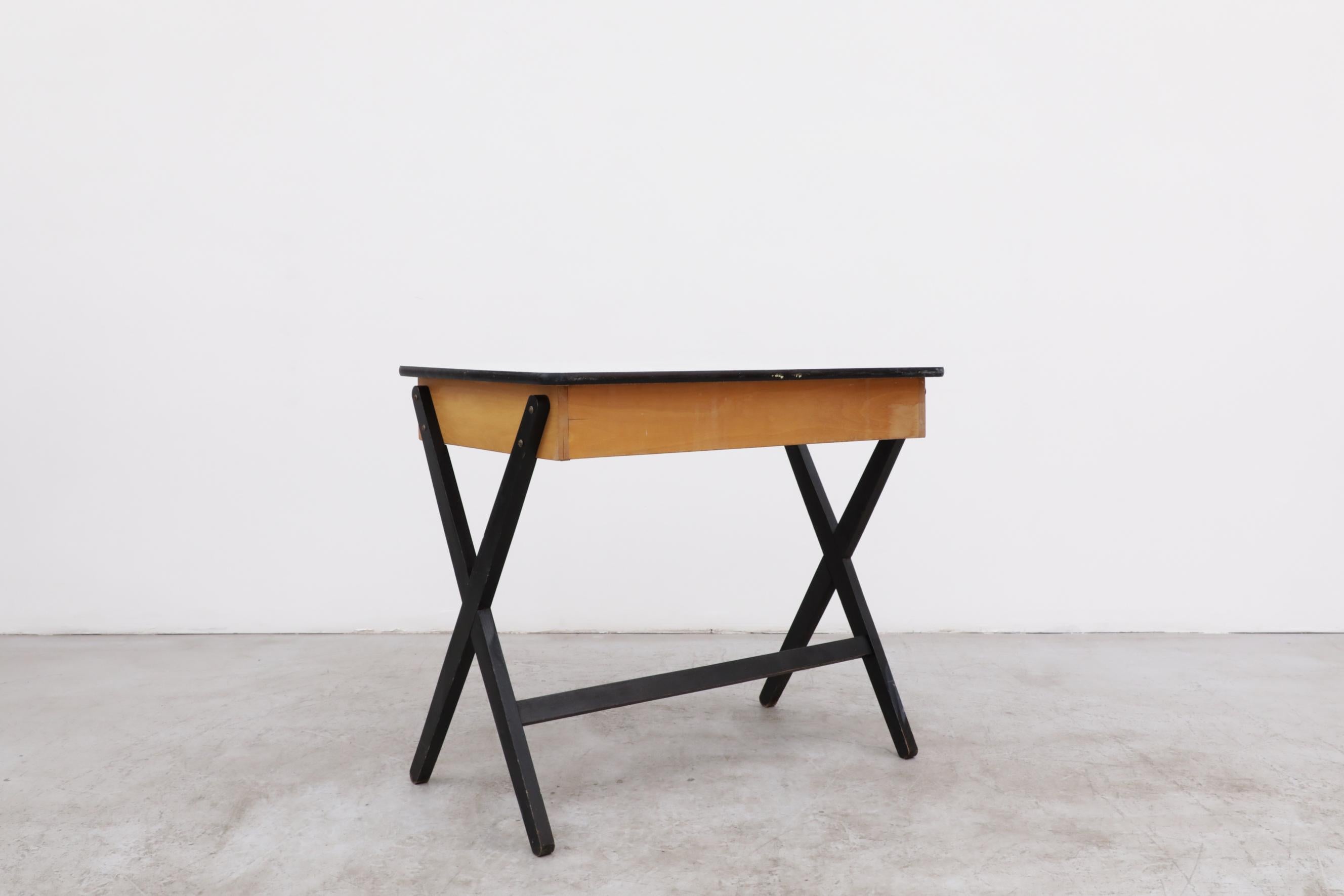 1954 Coen de Vries Desk in Birch w/ Ebony Base, Red Drawer and Formica Top For Sale 4