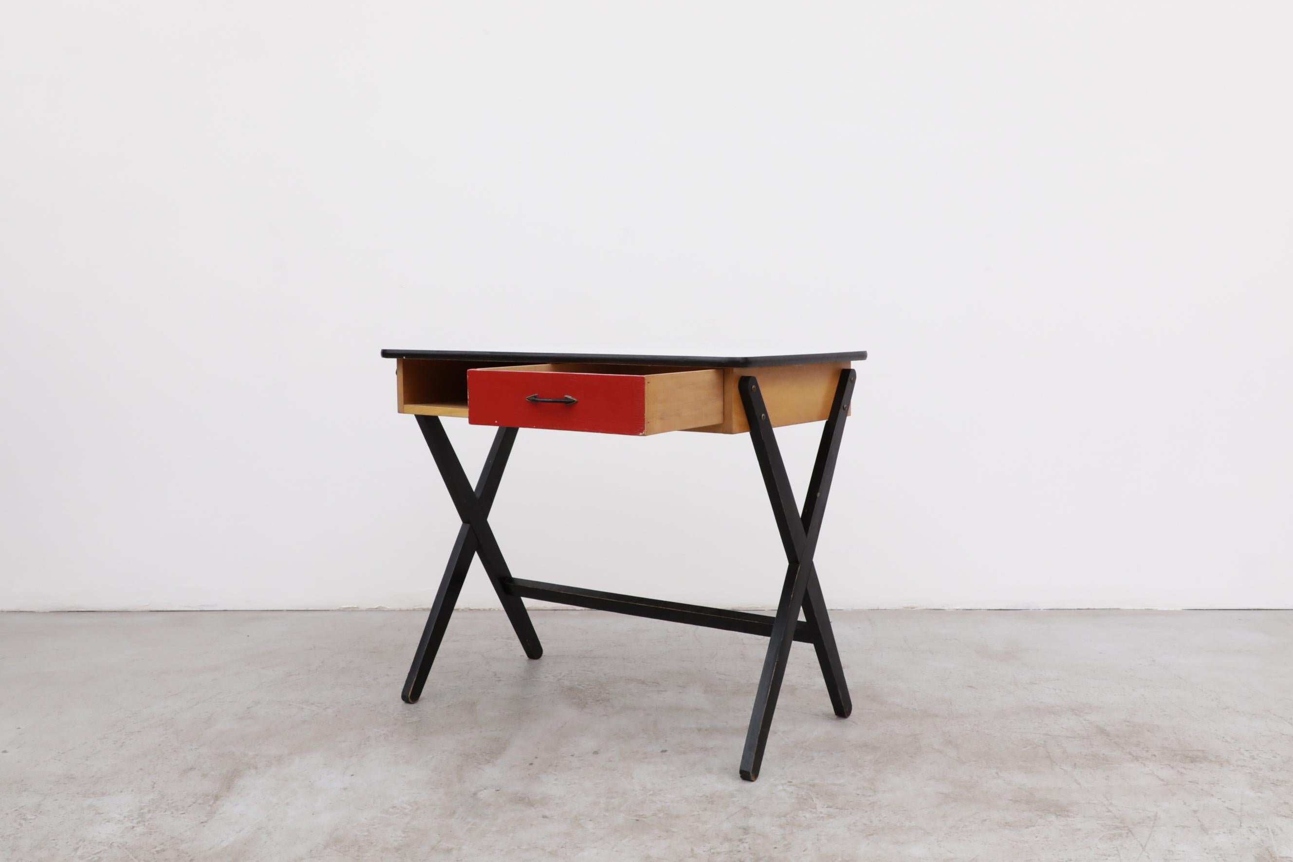 1954 Coen de Vries Desk in Birch w/ Ebony Base, Red Drawer and Formica Top For Sale 6