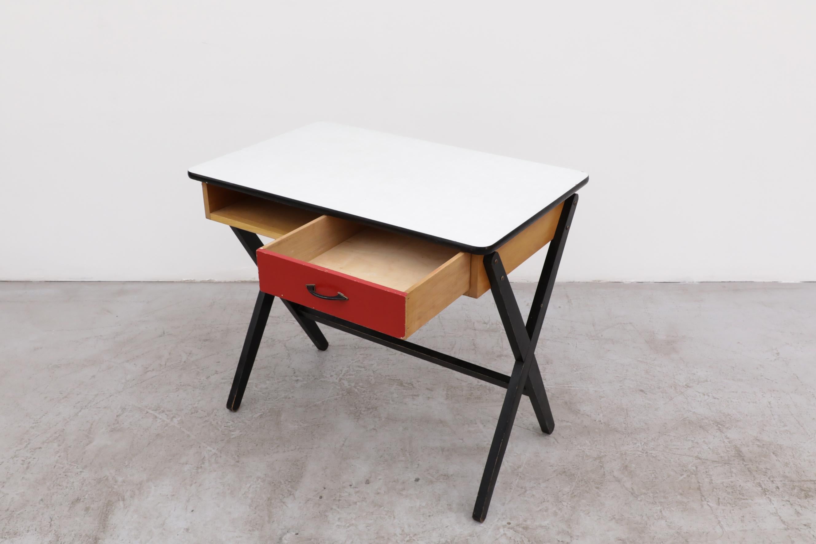 1954 Coen de Vries Desk in Birch w/ Ebony Base, Red Drawer and Formica Top For Sale 7