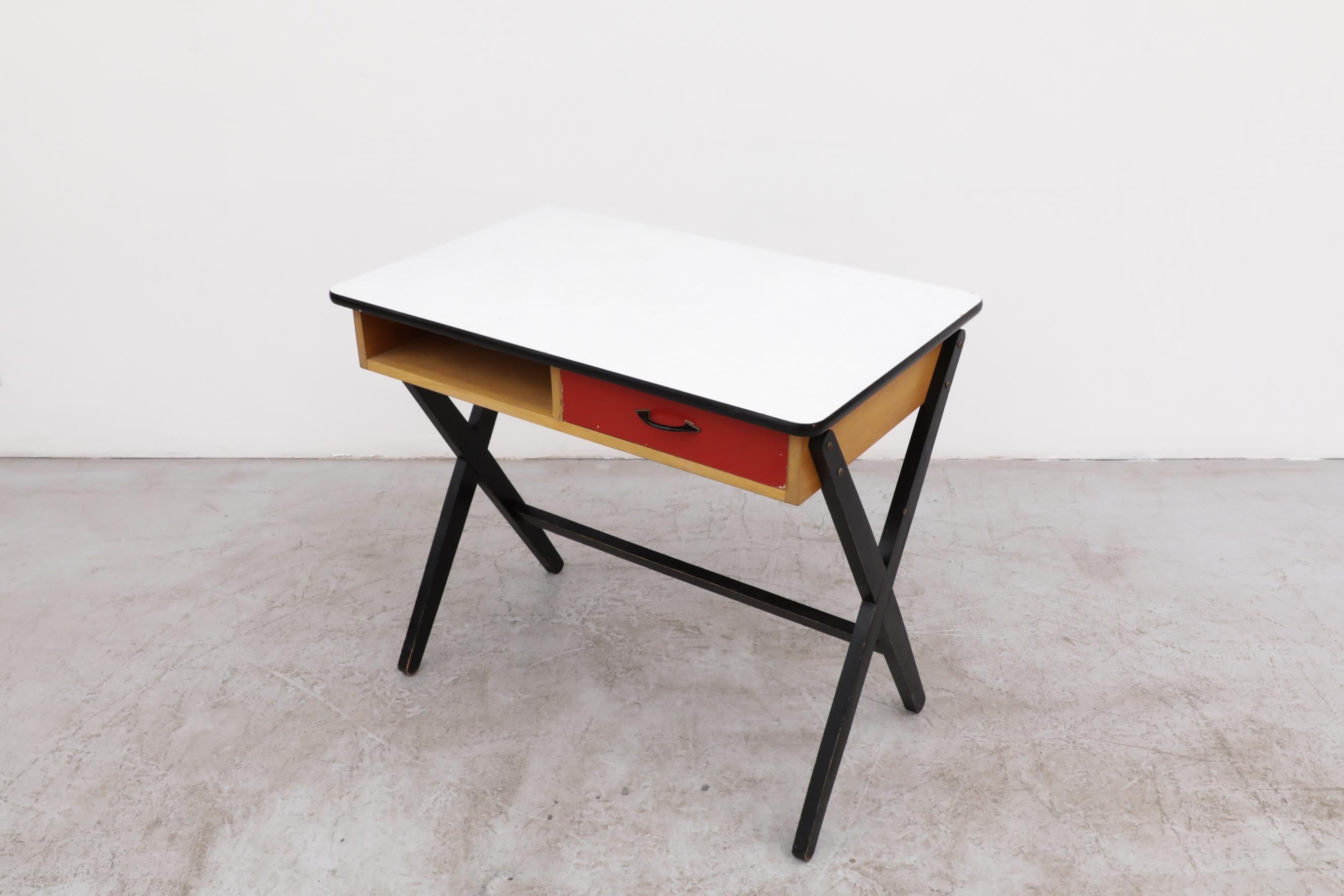 1954 Coen de Vries Desk in Birch w/ Ebony Base, Red Drawer and Formica Top For Sale 8