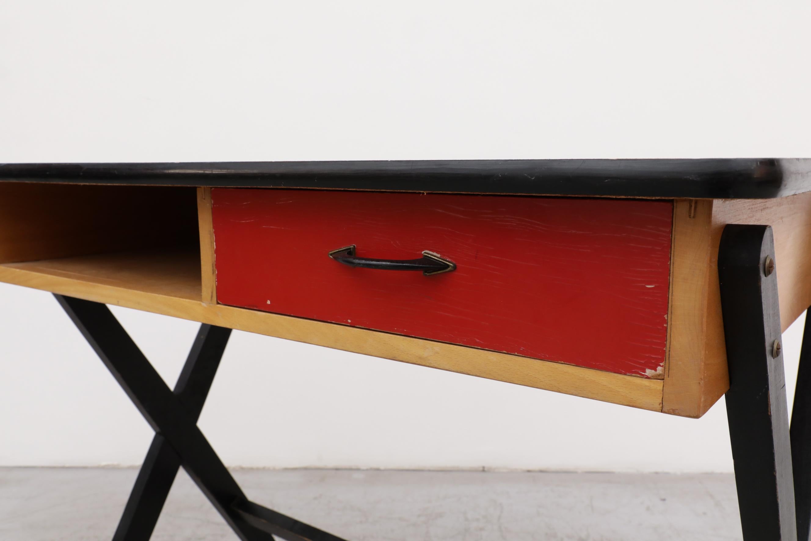 1954 Coen de Vries Desk in Birch w/ Ebony Base, Red Drawer and Formica Top For Sale 9