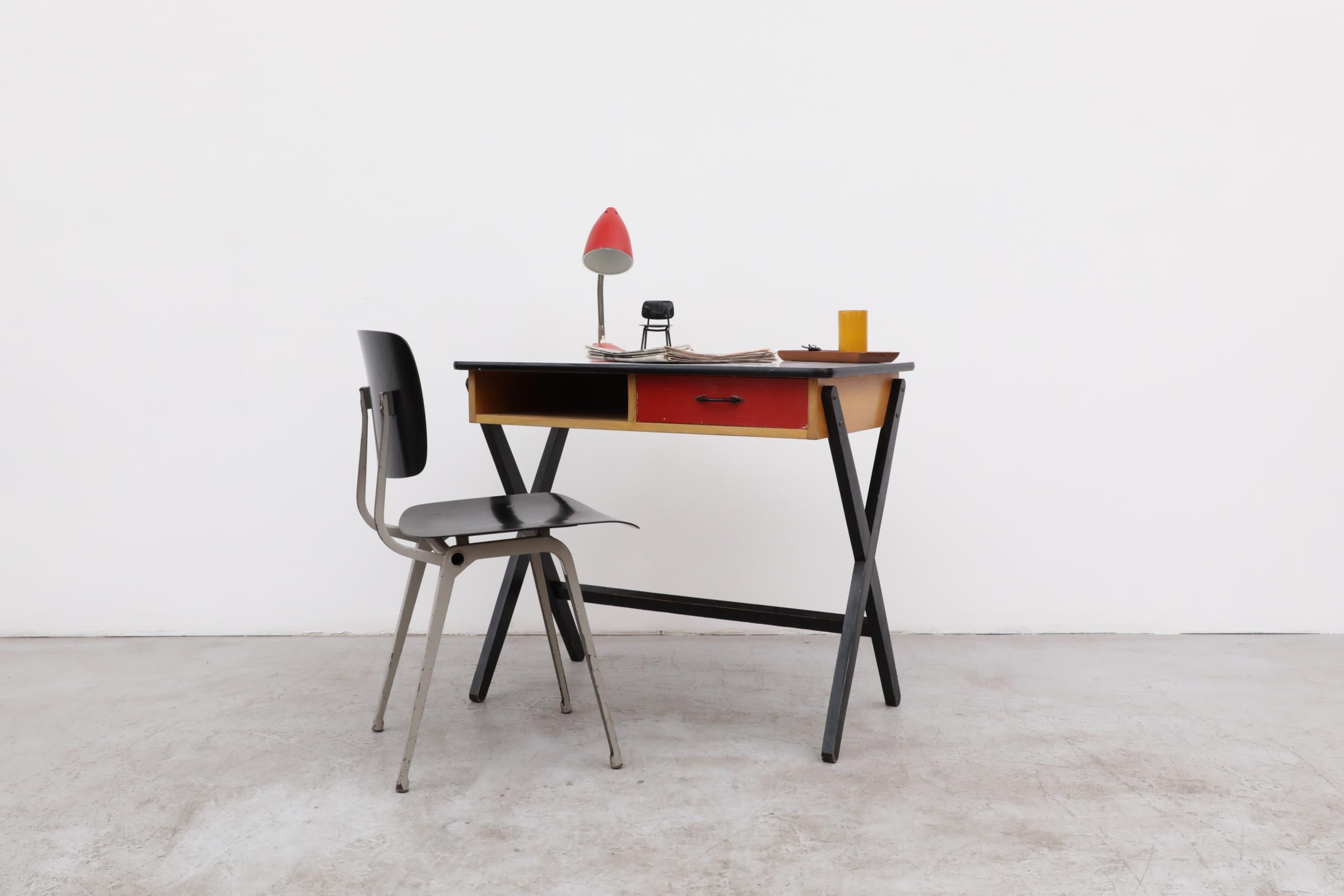 Mid-Century Modern 1954 Coen de Vries Desk in Birch w/ Ebony Base, Red Drawer and Formica Top For Sale