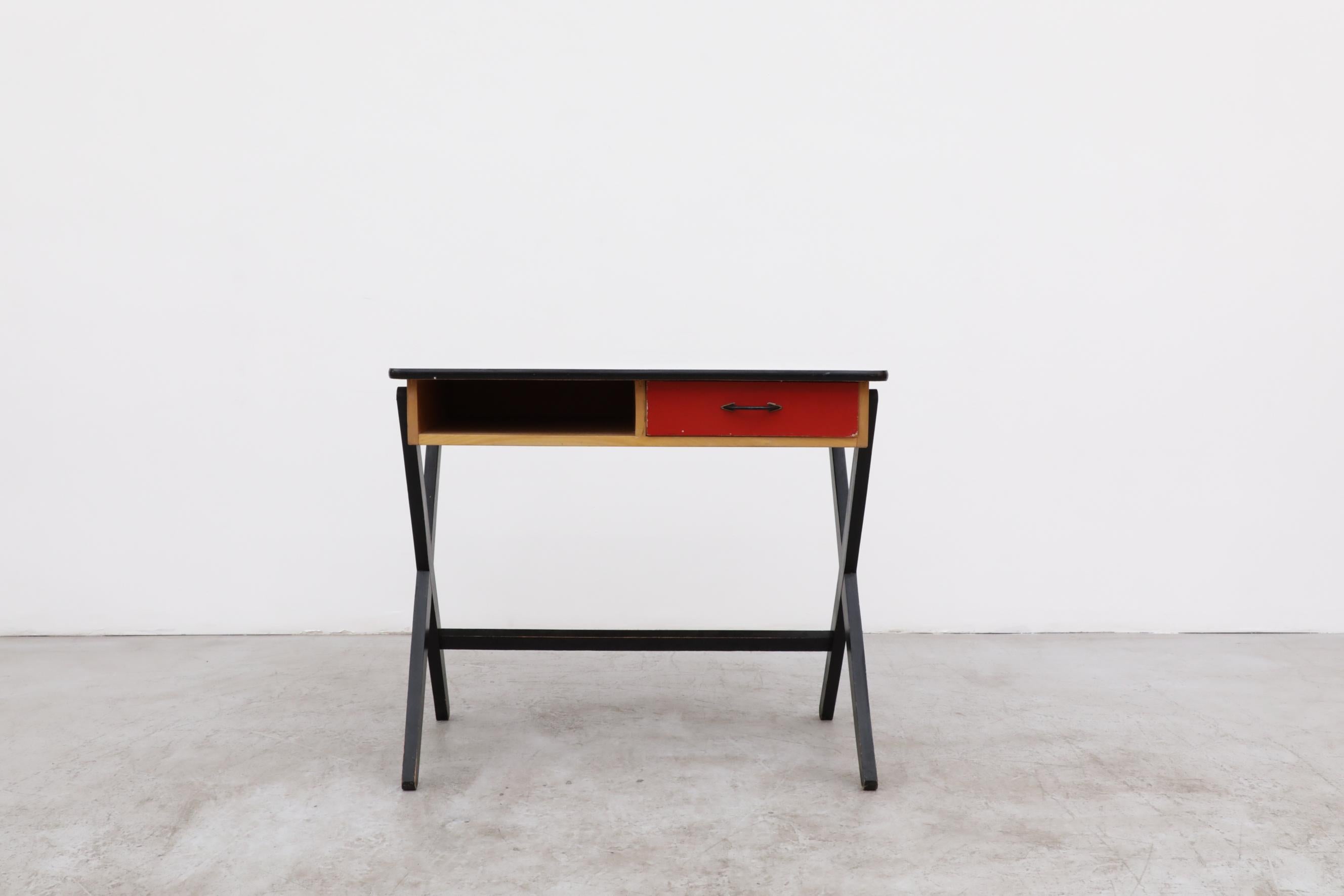 Dutch 1954 Coen de Vries Desk in Birch w/ Ebony Base, Red Drawer and Formica Top For Sale