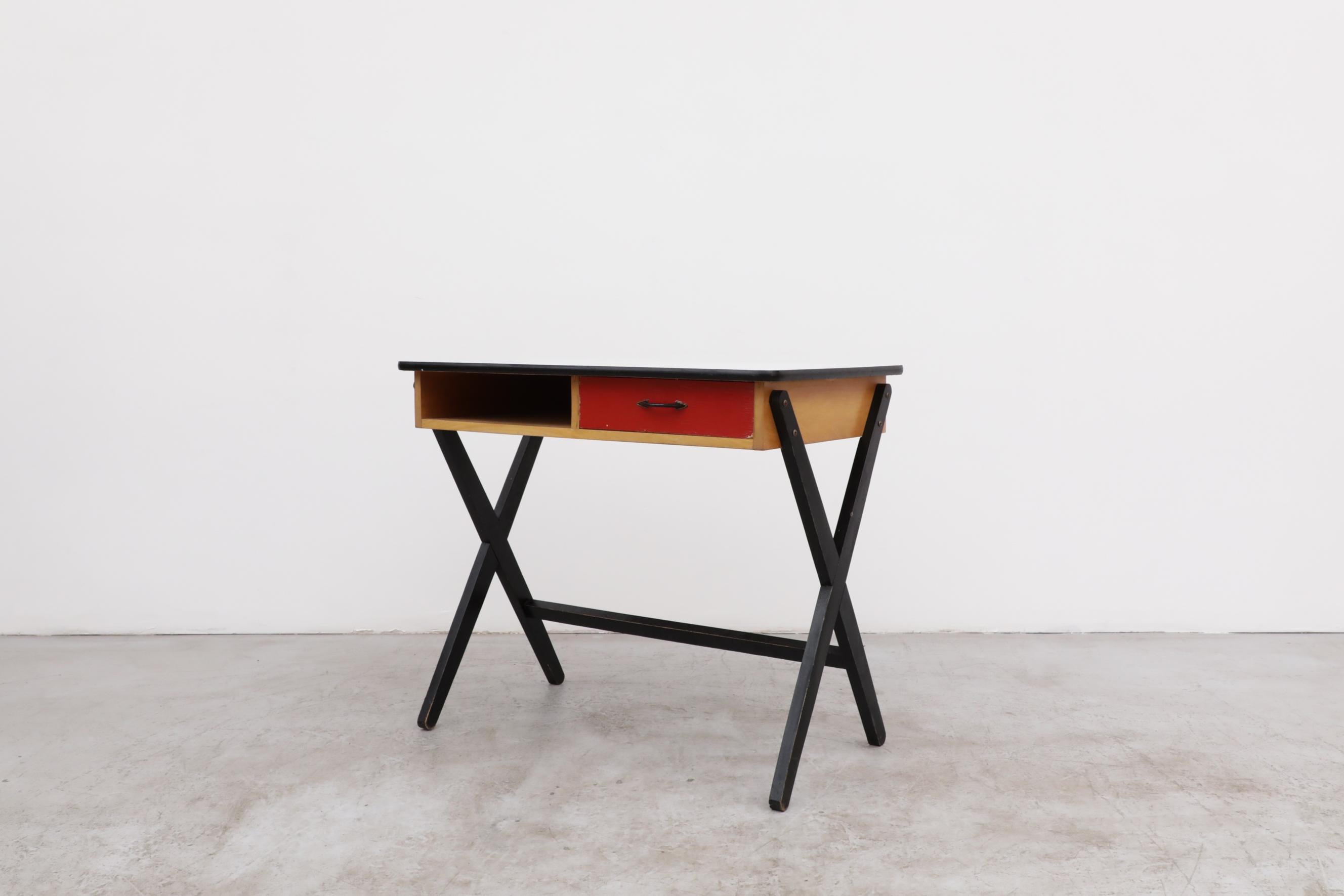 1954 Coen de Vries Desk in Birch w/ Ebony Base, Red Drawer and Formica Top In Good Condition For Sale In Los Angeles, CA