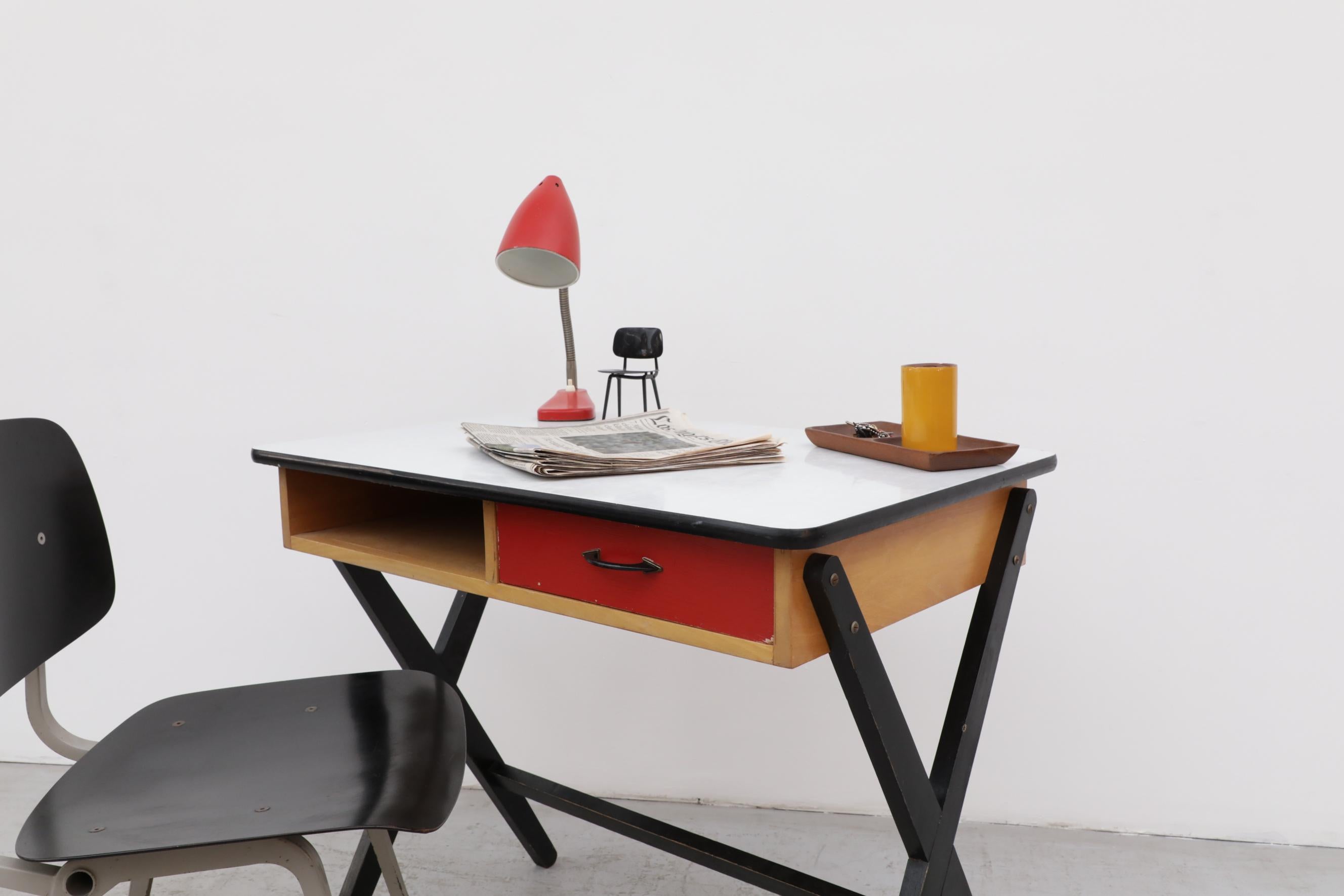 1954 Coen de Vries Desk in Birch w/ Ebony Base, Red Drawer and Formica Top For Sale 2