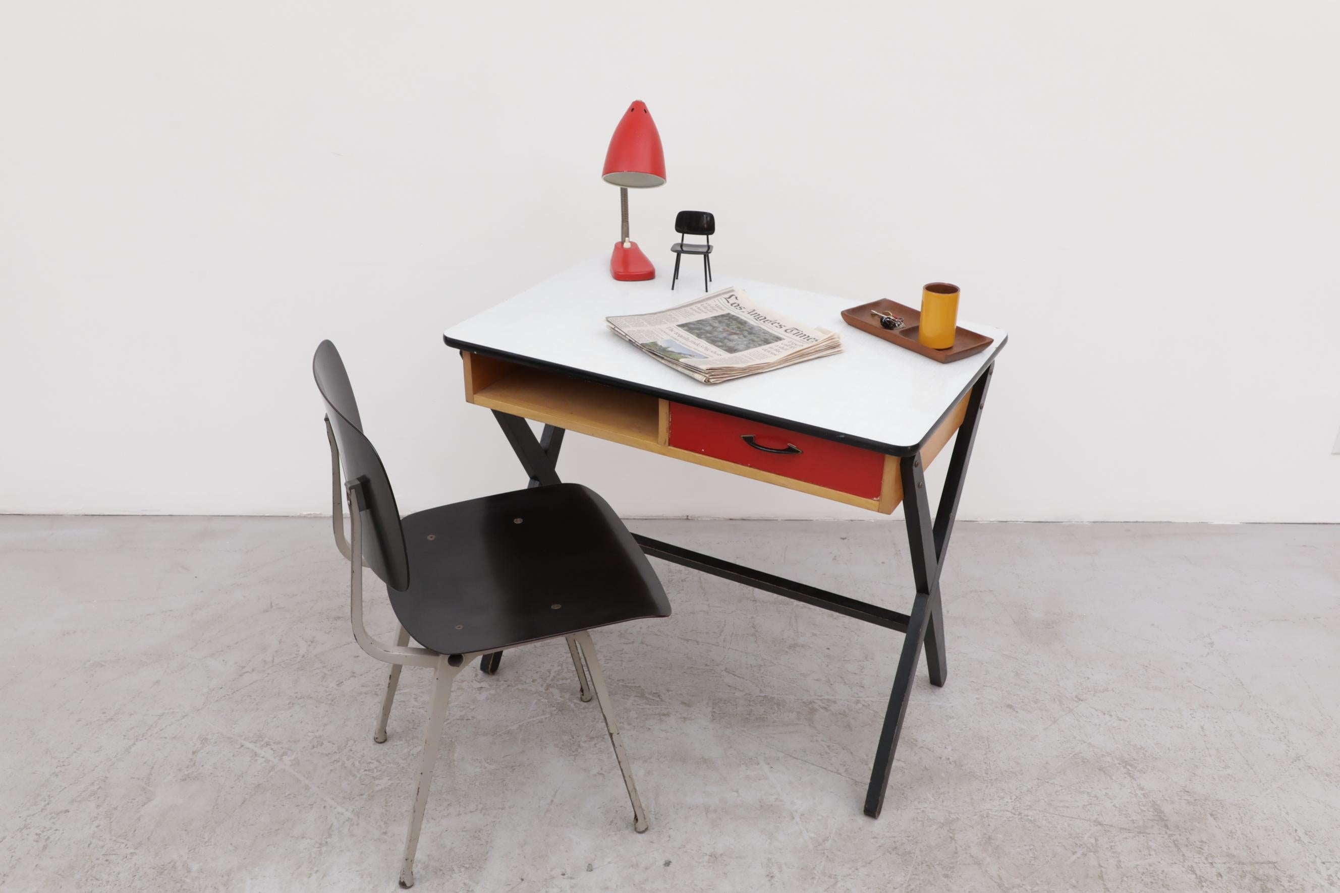 1954 Coen de Vries Desk in Birch w/ Ebony Base, Red Drawer and Formica Top For Sale 3